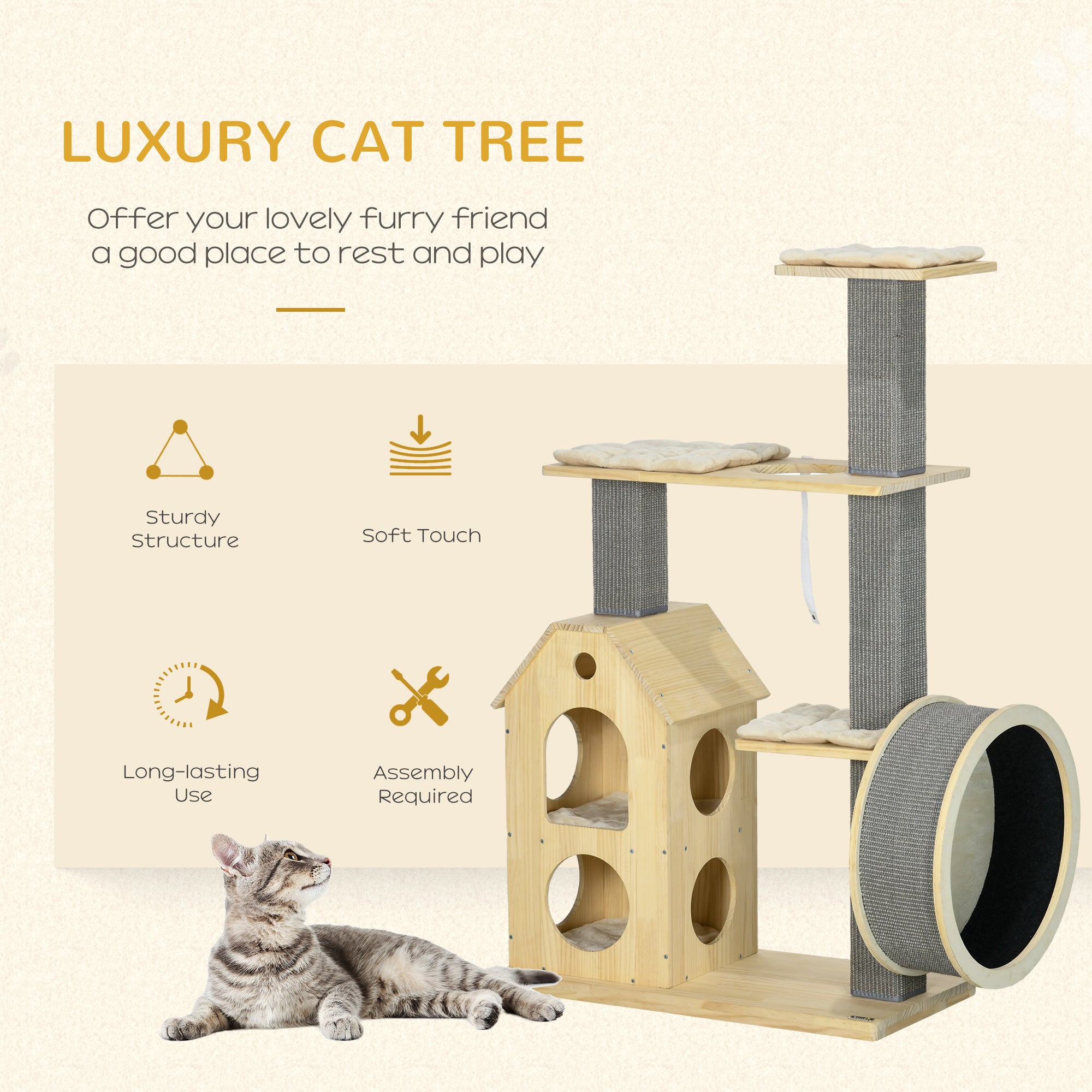 PawHut 53" Modern Cat Tree with Scratching Posts & Wheel, Small Cat Tree with Double-Layer Cushioned House, Small Cat Tower for Indoor Cat Furniture, Climbing Wooden Cat Tree