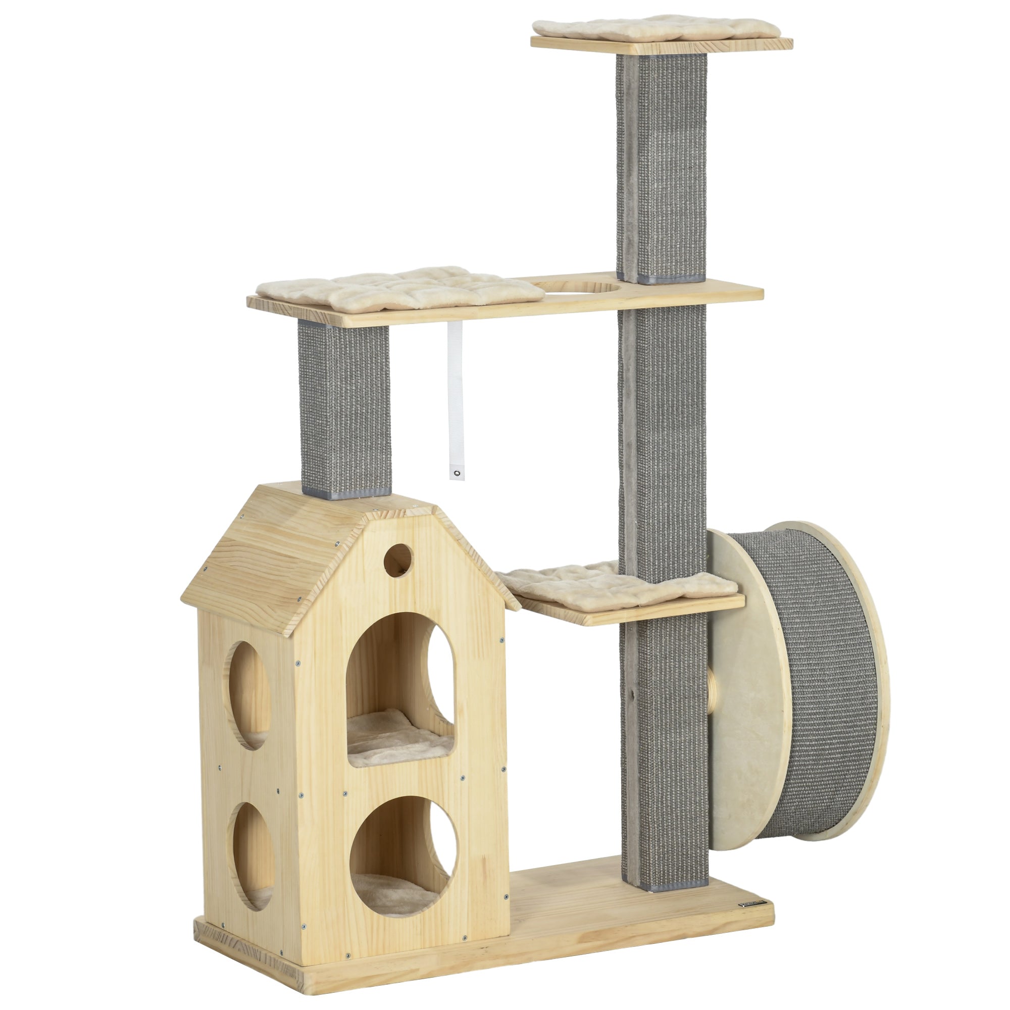 PawHut 53" Modern Cat Tree with Scratching Posts & Wheel, Small Cat Tree with Double-Layer Cushioned House, Small Cat Tower for Indoor Cat Furniture, Climbing Wooden Cat Tree