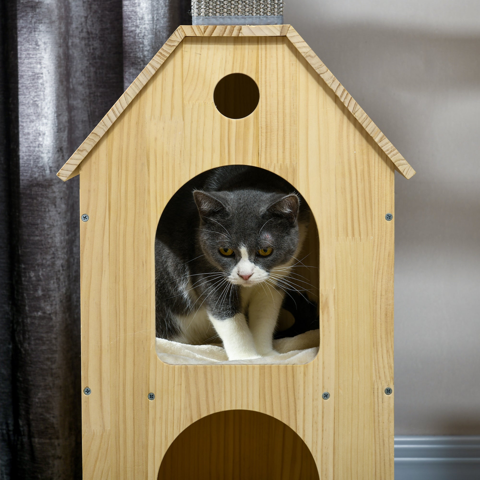 PawHut 53" Modern Cat Tree with Scratching Posts & Wheel, Small Cat Tree with Double-Layer Cushioned House, Small Cat Tower for Indoor Cat Furniture, Climbing Wooden Cat Tree