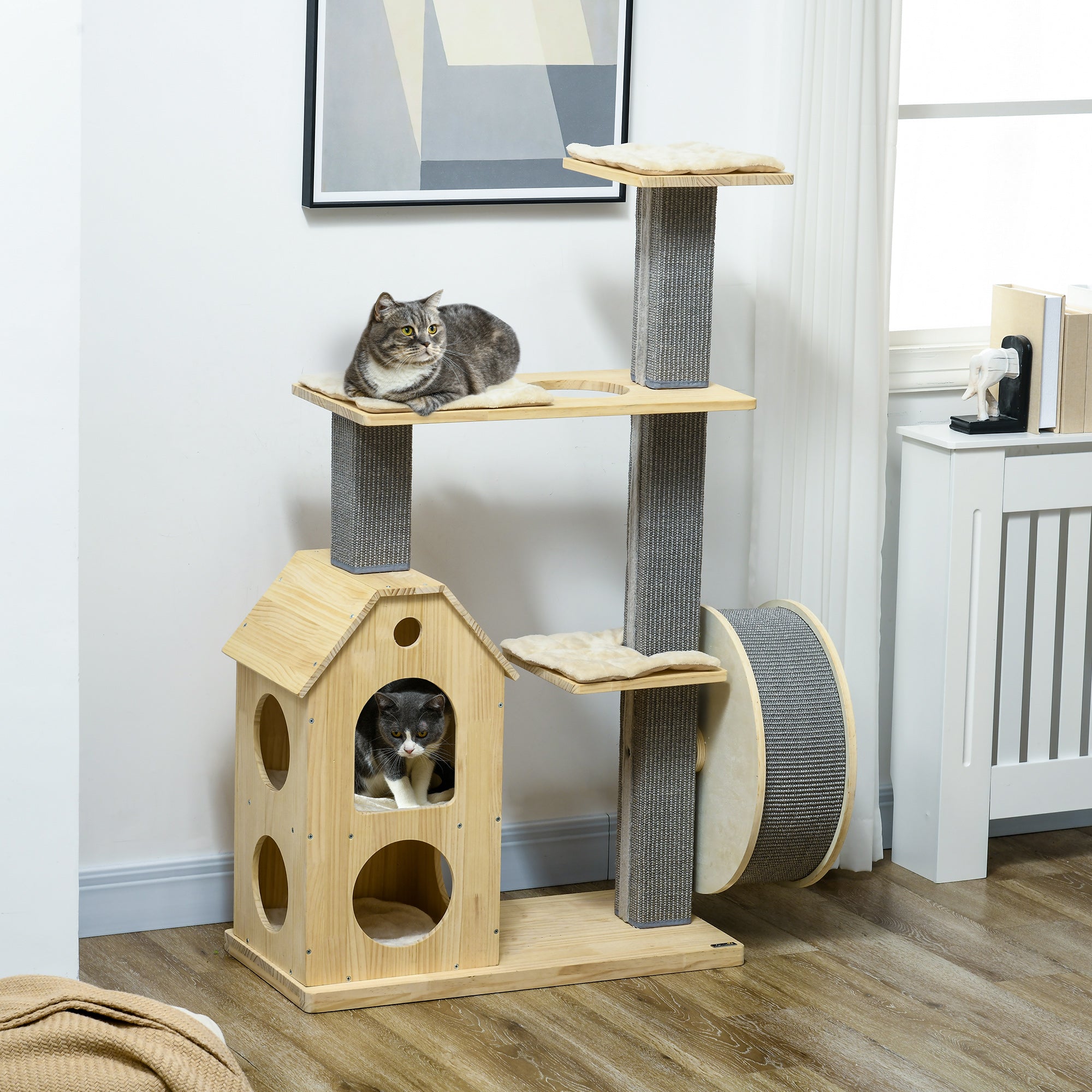 PawHut 53" Modern Cat Tree with Scratching Posts & Wheel, Small Cat Tree with Double-Layer Cushioned House, Small Cat Tower for Indoor Cat Furniture, Climbing Wooden Cat Tree