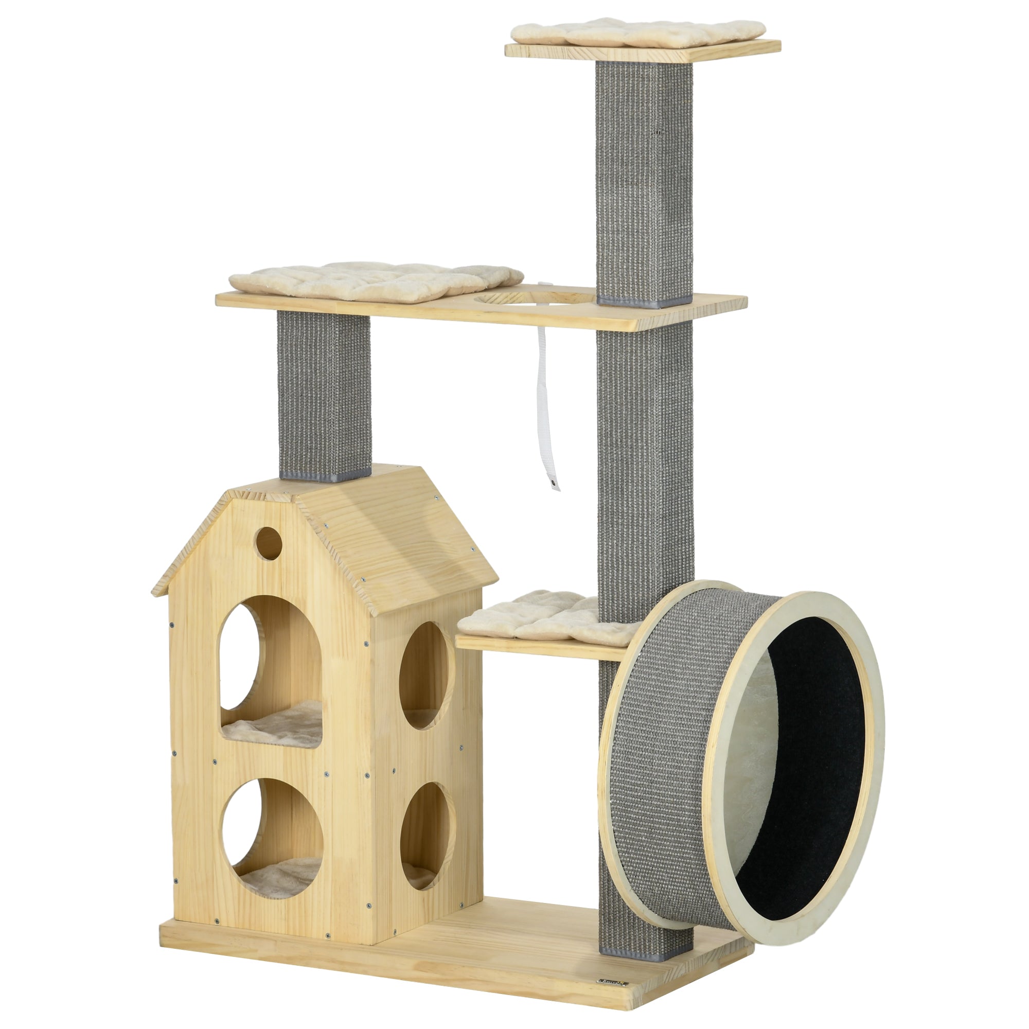 PawHut 53" Modern Cat Tree with Scratching Posts & Wheel, Small Cat Tree with Double-Layer Cushioned House, Small Cat Tower for Indoor Cat Furniture, Climbing Wooden Cat Tree