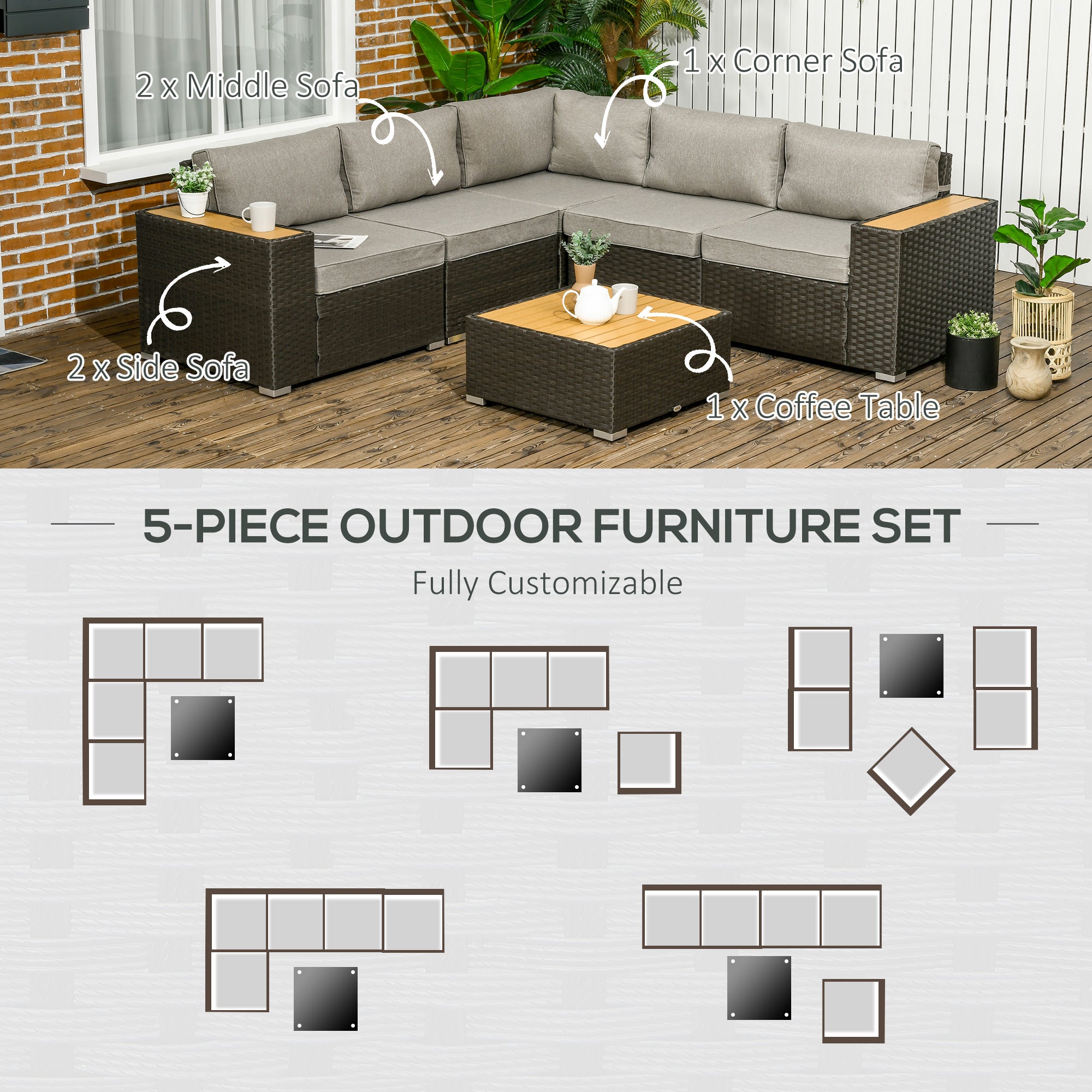 Outsunny 6 Pieces Rattan Patio Furniture Set, 5 Seater Sectional Outdoor Furniture with Wicker Corner Sofa and Wood-Plastic Coffee Table for Deck, Porch, Garden, Light Grey