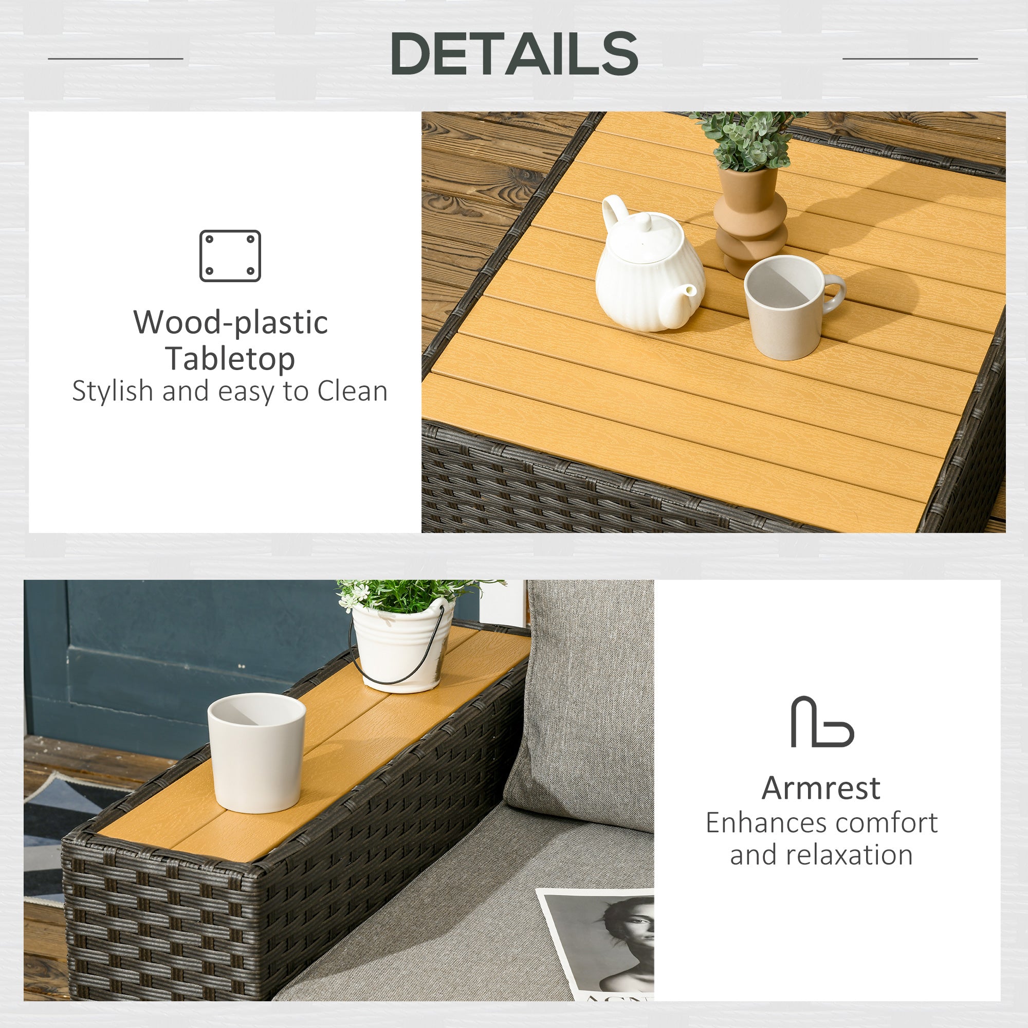 Outsunny 6 Pieces Rattan Patio Furniture Set, 5 Seater Sectional Outdoor Furniture with Wicker Corner Sofa and Wood-Plastic Coffee Table for Deck, Porch, Garden, Light Grey