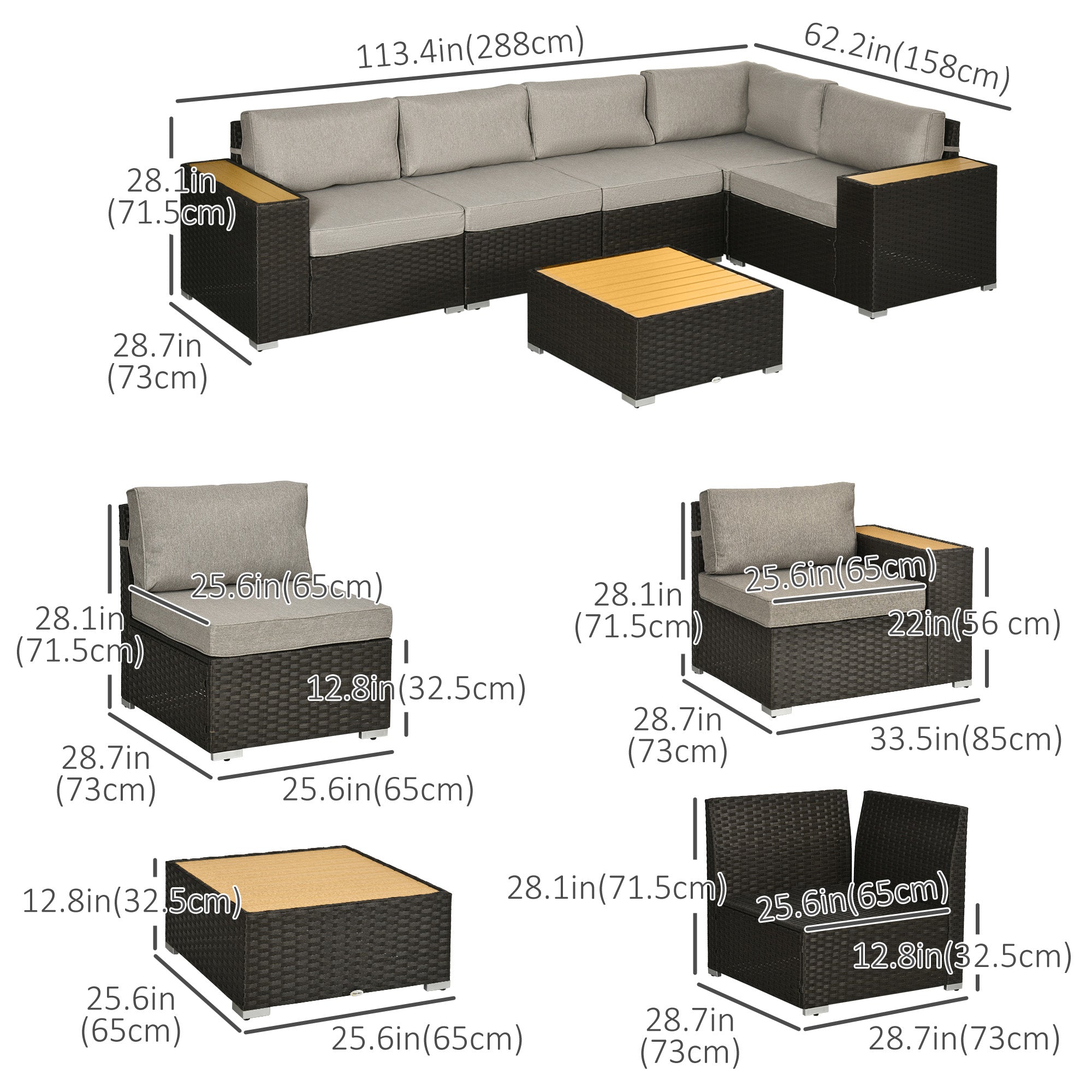 Outsunny 6 Pieces Rattan Patio Furniture Set, 5 Seater Sectional Outdoor Furniture with Wicker Corner Sofa and Wood-Plastic Coffee Table for Deck, Porch, Garden, Light Grey