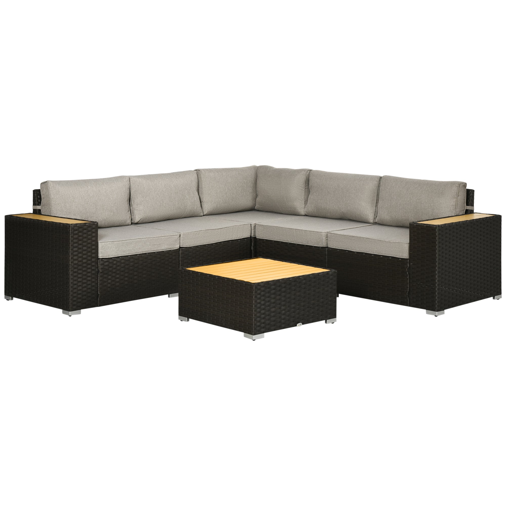 Outsunny 6 Pieces Rattan Patio Furniture Set, 5 Seater Sectional Outdoor Furniture with Wicker Corner Sofa and Wood-Plastic Coffee Table for Deck, Porch, Garden, Light Grey