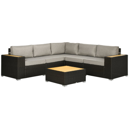 Outsunny 6 Pieces Rattan Patio Furniture Set, 5 Seater Sectional Outdoor Furniture with Wicker Corner Sofa and Wood-Plastic Coffee Table for Deck, Porch, Garden, Light Grey