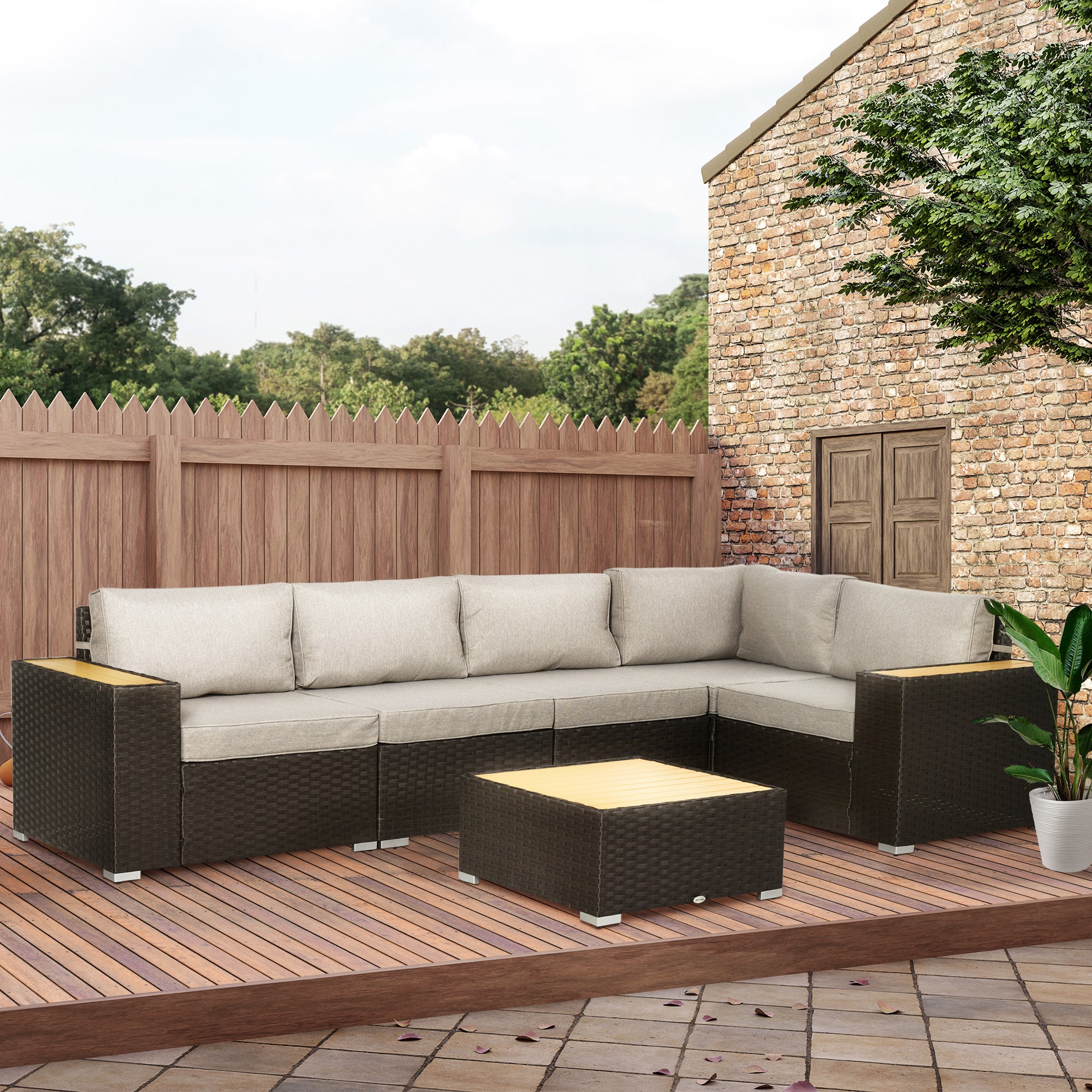 Outsunny 6 Pieces Rattan Patio Furniture Set, 5 Seater Sectional Outdoor Furniture with Wicker Corner Sofa and Wood-Plastic Coffee Table for Deck, Porch, Garden, Light Grey