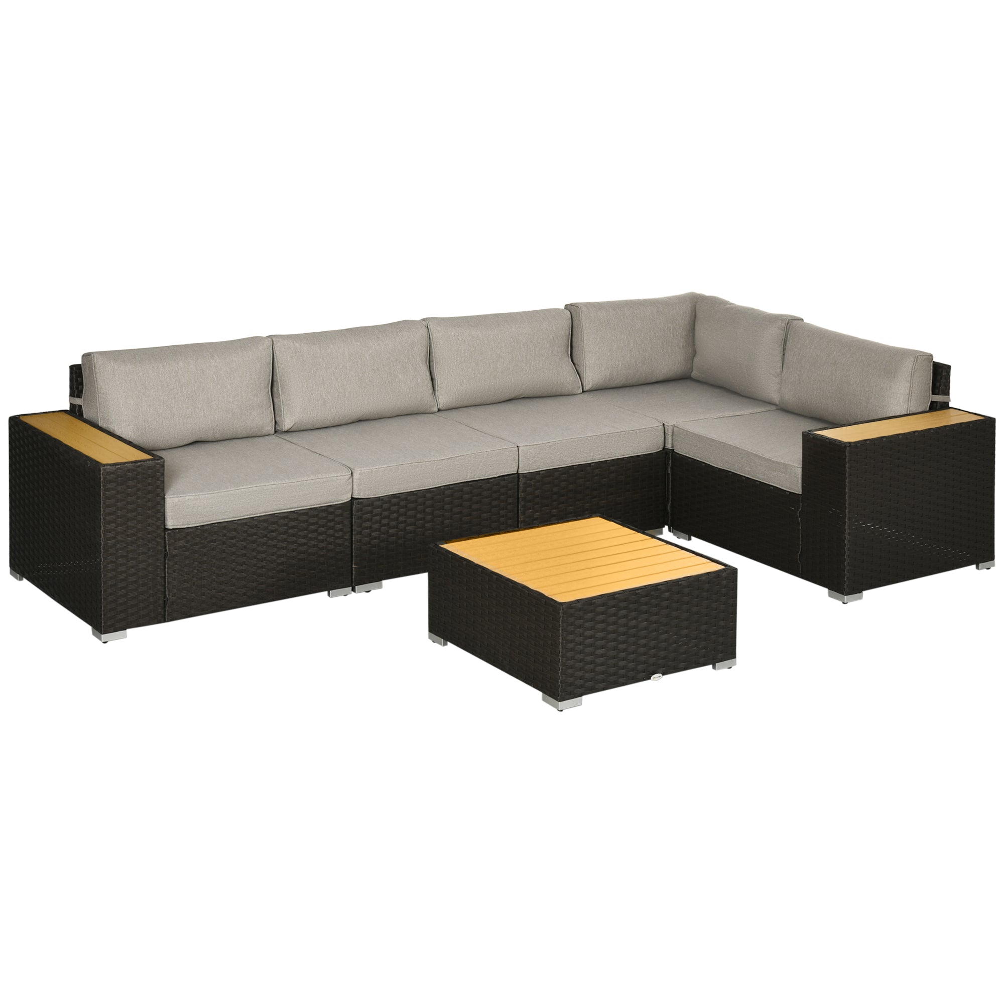 Outsunny 6 Pieces Rattan Patio Furniture Set, 5 Seater Sectional Outdoor Furniture with Wicker Corner Sofa and Wood-Plastic Coffee Table for Deck, Porch, Garden, Light Grey