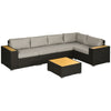 Outsunny 6 Pieces Rattan Patio Furniture Set, 5 Seater Sectional Outdoor Furniture with Wicker Corner Sofa and Wood-Plastic Coffee Table for Deck, Porch, Garden, Light Grey