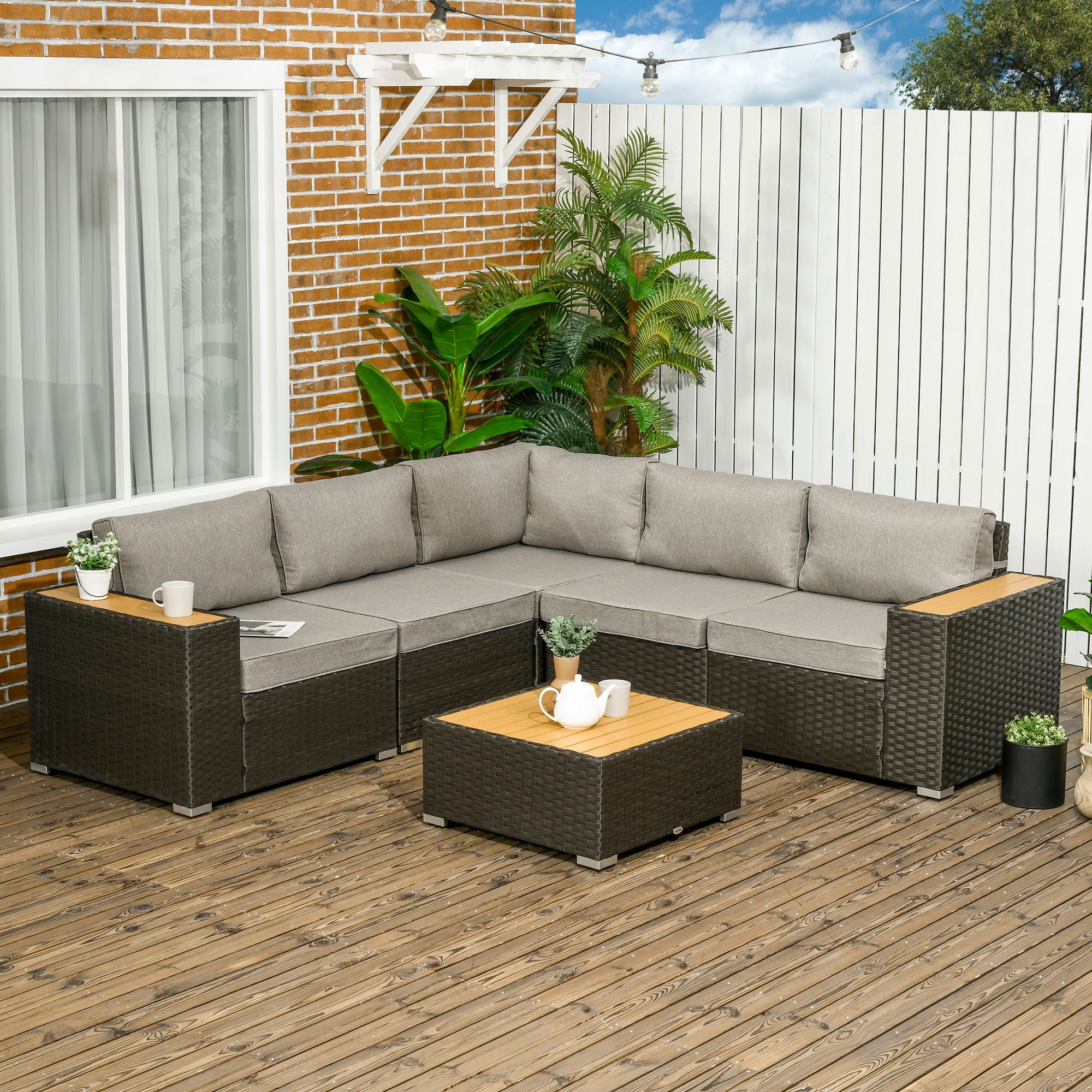 Outsunny 6 Pieces Rattan Patio Furniture Set, 5 Seater Sectional Outdoor Furniture with Wicker Corner Sofa and Wood-Plastic Coffee Table for Deck, Porch, Garden, Light Grey