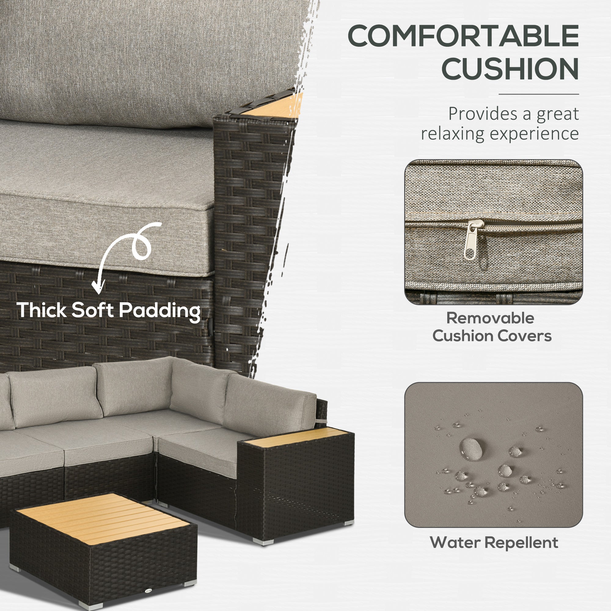 Outsunny 6 Pieces Rattan Patio Furniture Set, 5 Seater Sectional Outdoor Furniture with Wicker Corner Sofa and Wood-Plastic Coffee Table for Deck, Porch, Garden, Light Grey