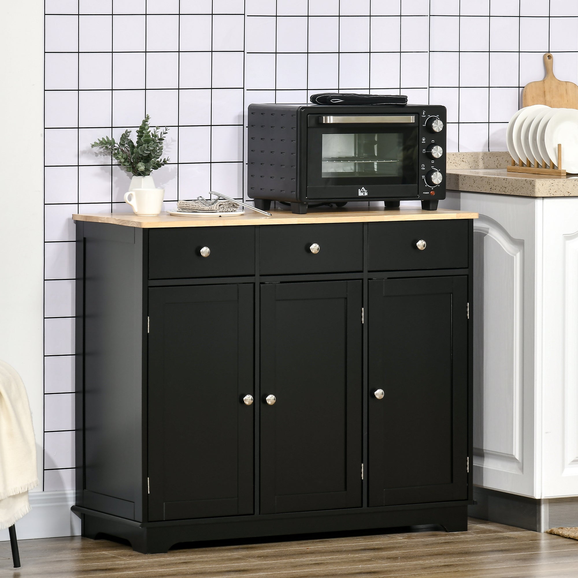 HOMCOM Sideboard Buffet Cabinet with Storage, 40" Kitchen Cabinet with 3 Adjustable Shelves, 3 Drawers and 3 Doors, Coffee Bar Cabinet with Rubberwood Tabletop, Black