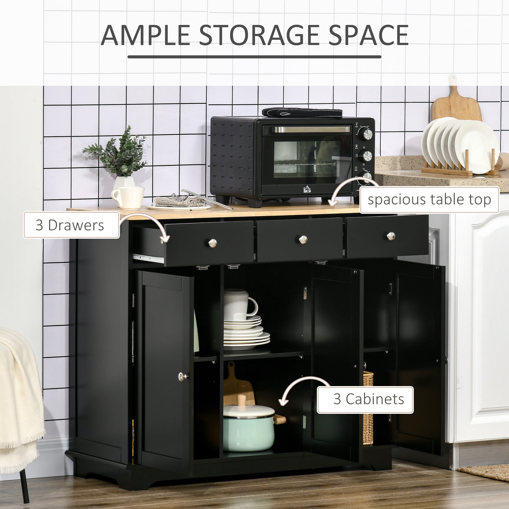 HOMCOM Sideboard Buffet Cabinet with Storage, 40" Kitchen Cabinet with 3 Adjustable Shelves, 3 Drawers and 3 Doors, Coffee Bar Cabinet with Rubberwood Tabletop, Black
