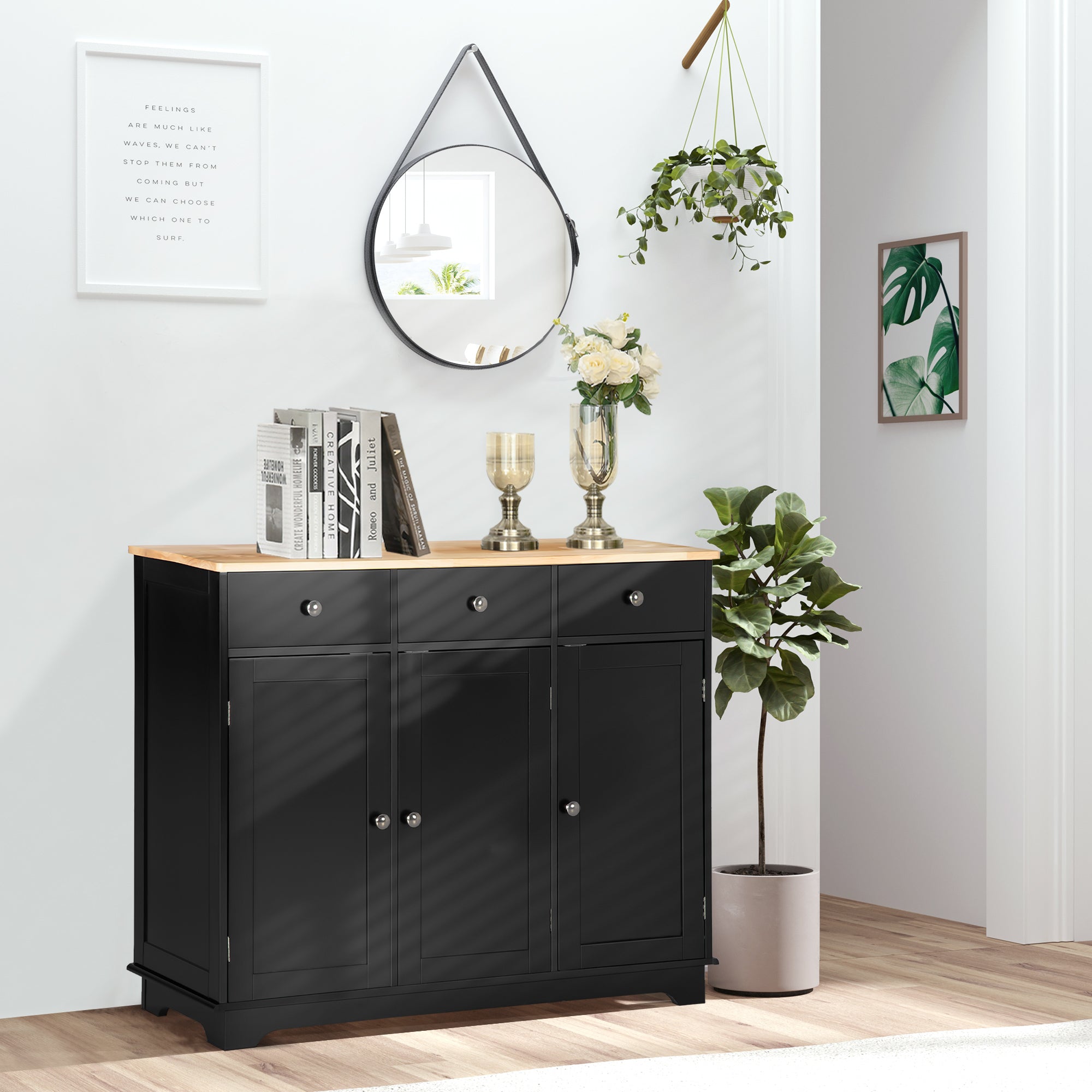 HOMCOM Sideboard Buffet Cabinet with Storage, 40" Kitchen Cabinet with 3 Adjustable Shelves, 3 Drawers and 3 Doors, Coffee Bar Cabinet with Rubberwood Tabletop, Black