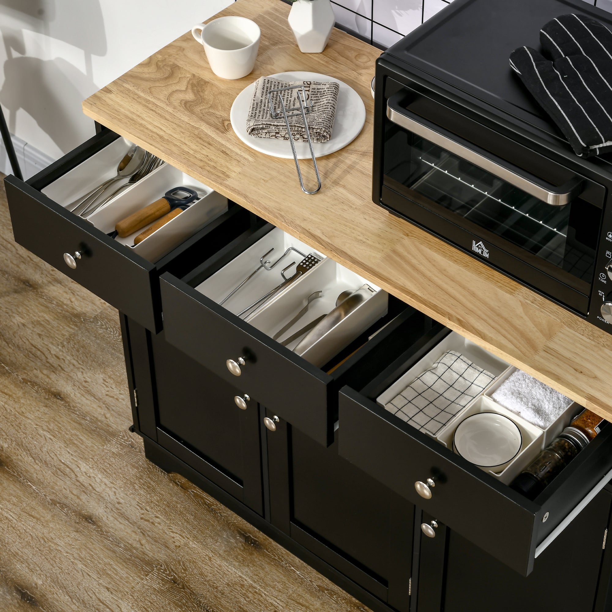 HOMCOM Sideboard Buffet Cabinet with Storage, 40" Kitchen Cabinet with 3 Adjustable Shelves, 3 Drawers and 3 Doors, Coffee Bar Cabinet with Rubberwood Tabletop, Black