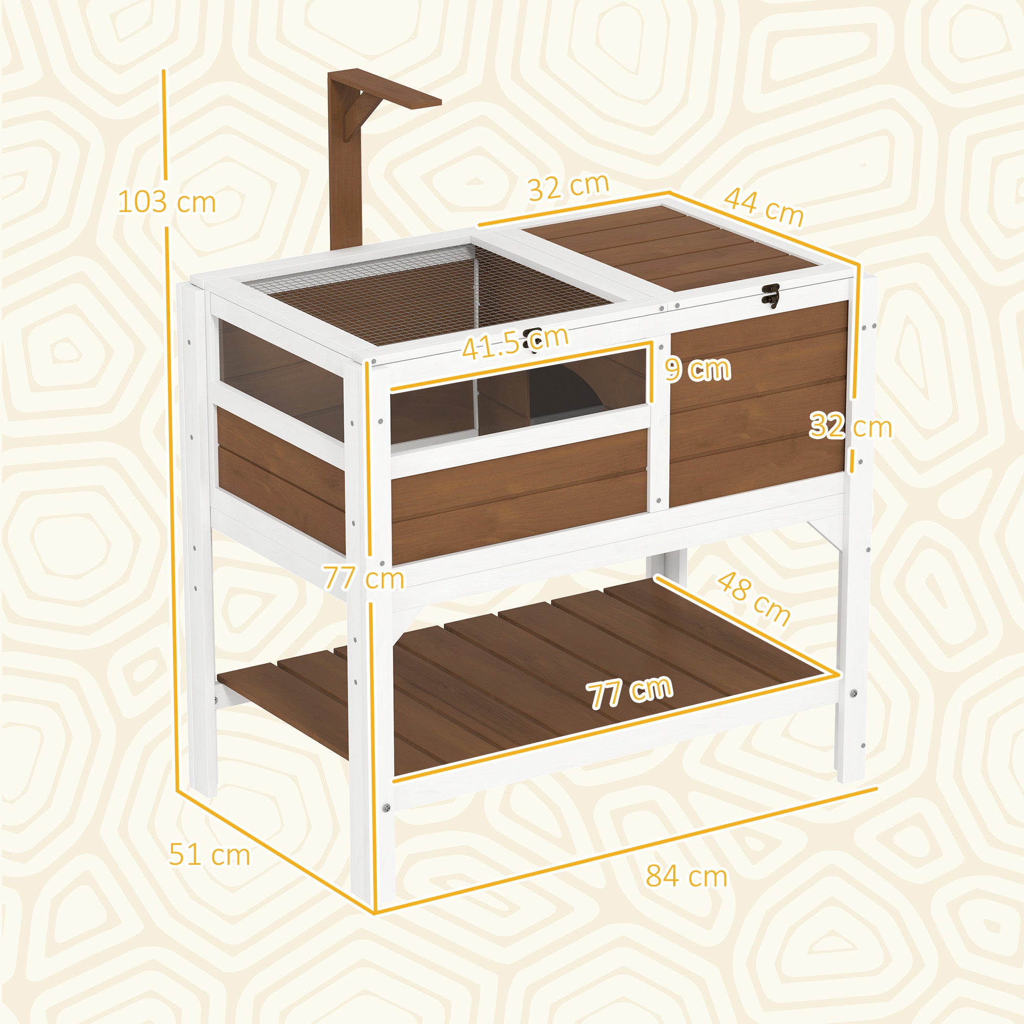 PawHut Tortoise House w/ Shelf, Small Pet Reptile Wooden House w/ Hide Shelter Den and Run, Lamp Holder, Tray, for Indoors, Outdoors - Brown