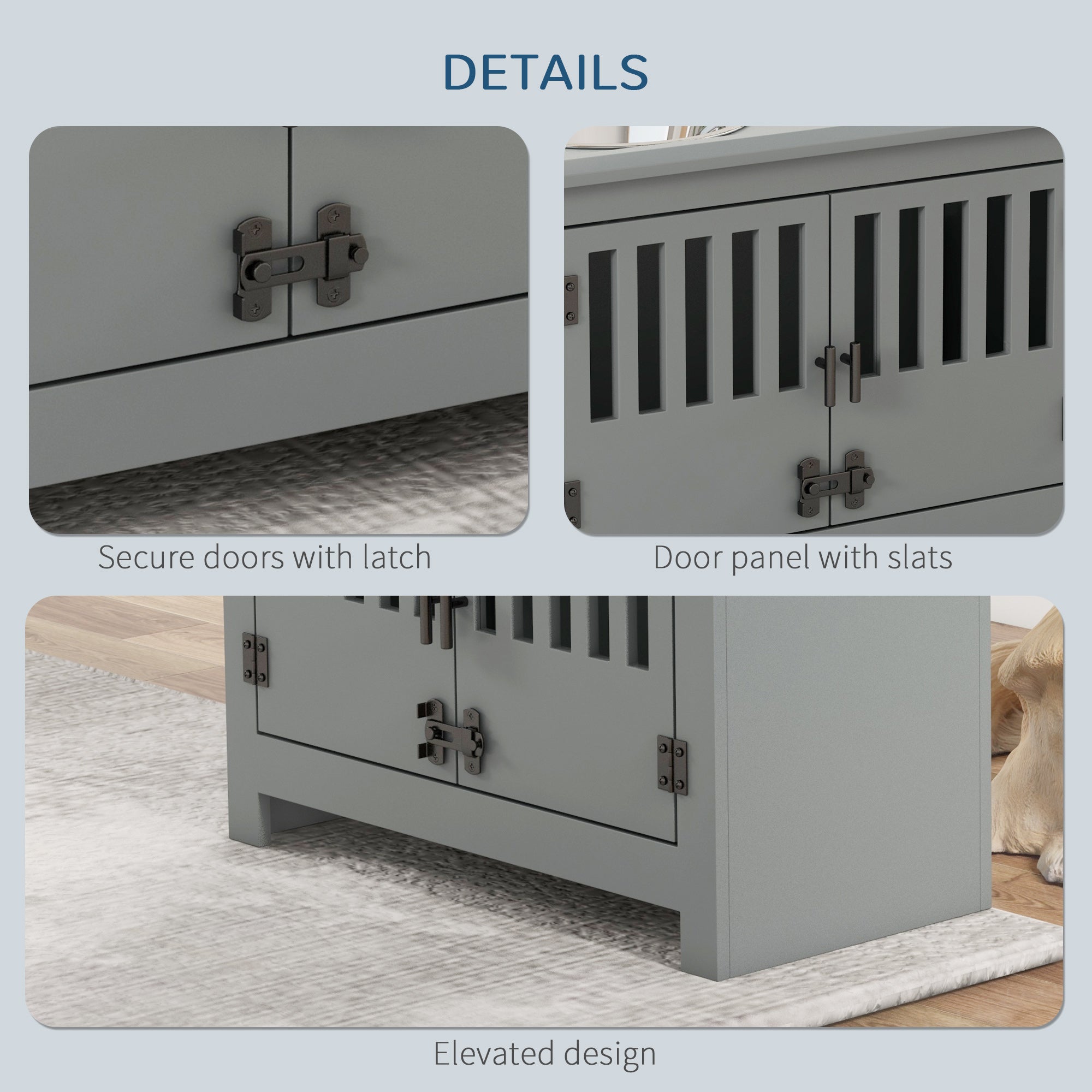 PawHut Raised Dog Bowls for Large Dogs, Pet Feeding Station, Doors with Latch, Storage Cabinet, Two Stainless Steel Bowls - Grey