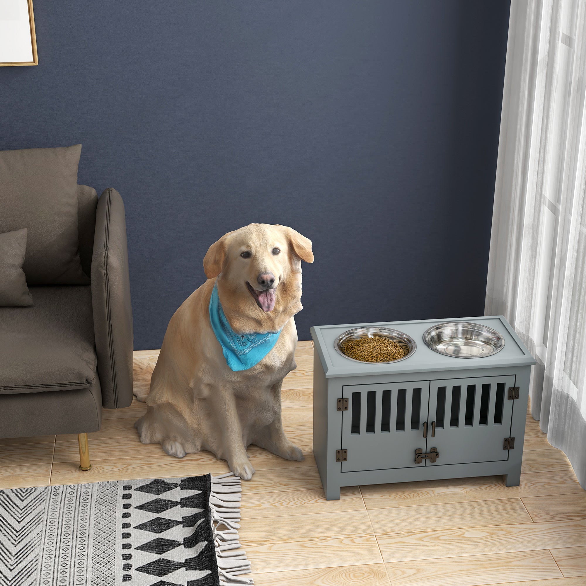 PawHut Raised Dog Bowls, Elevated Dog Feeder with 2 Stainless Bowls, Storage Cabinet, Door, for Extra Large Dogs, Grey