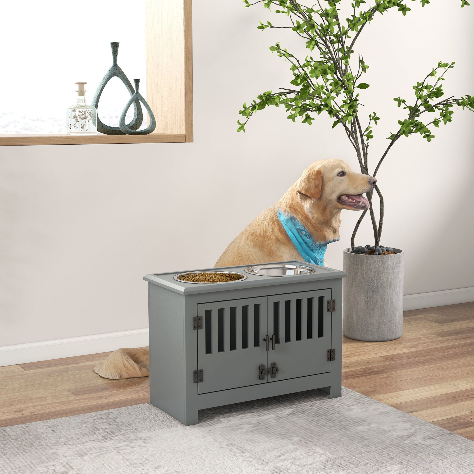 PawHut Raised Dog Bowls, Elevated Dog Feeder with 2 Stainless Bowls, Storage Cabinet, Door, for Extra Large Dogs, Grey