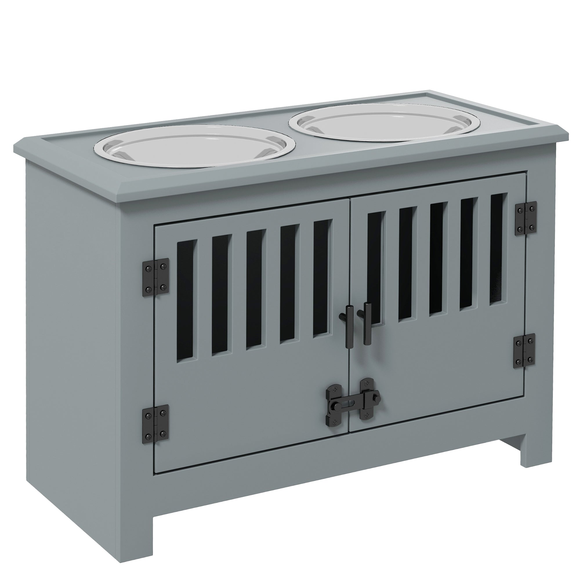 PawHut Raised Dog Bowls, Elevated Dog Feeder with 2 Stainless Bowls, Storage Cabinet, Door, for Extra Large Dogs, Grey