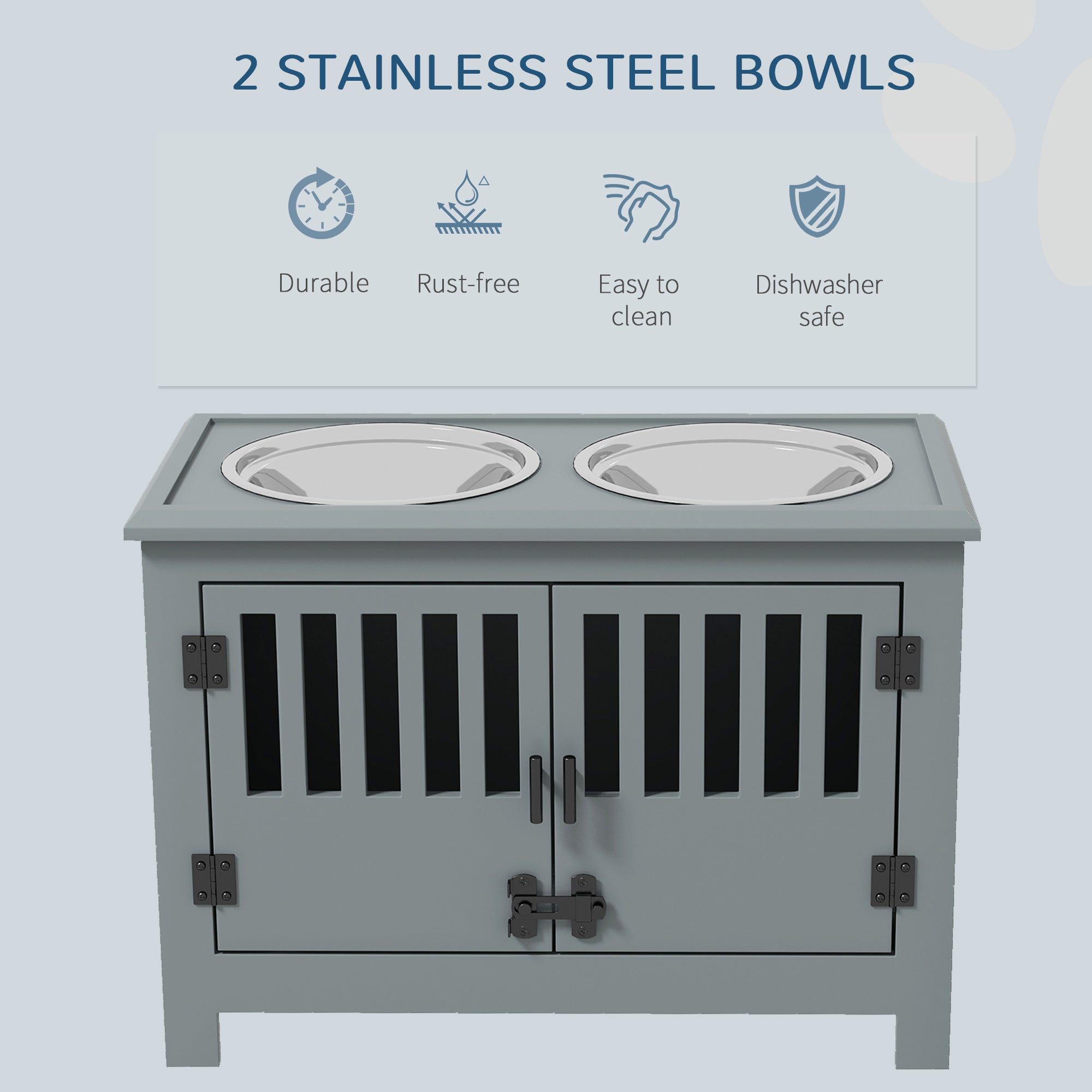 PawHut Raised Dog Bowls for Large Dogs, Pet Feeding Station, Doors with Latch, Storage Cabinet, Two Stainless Steel Bowls - Grey