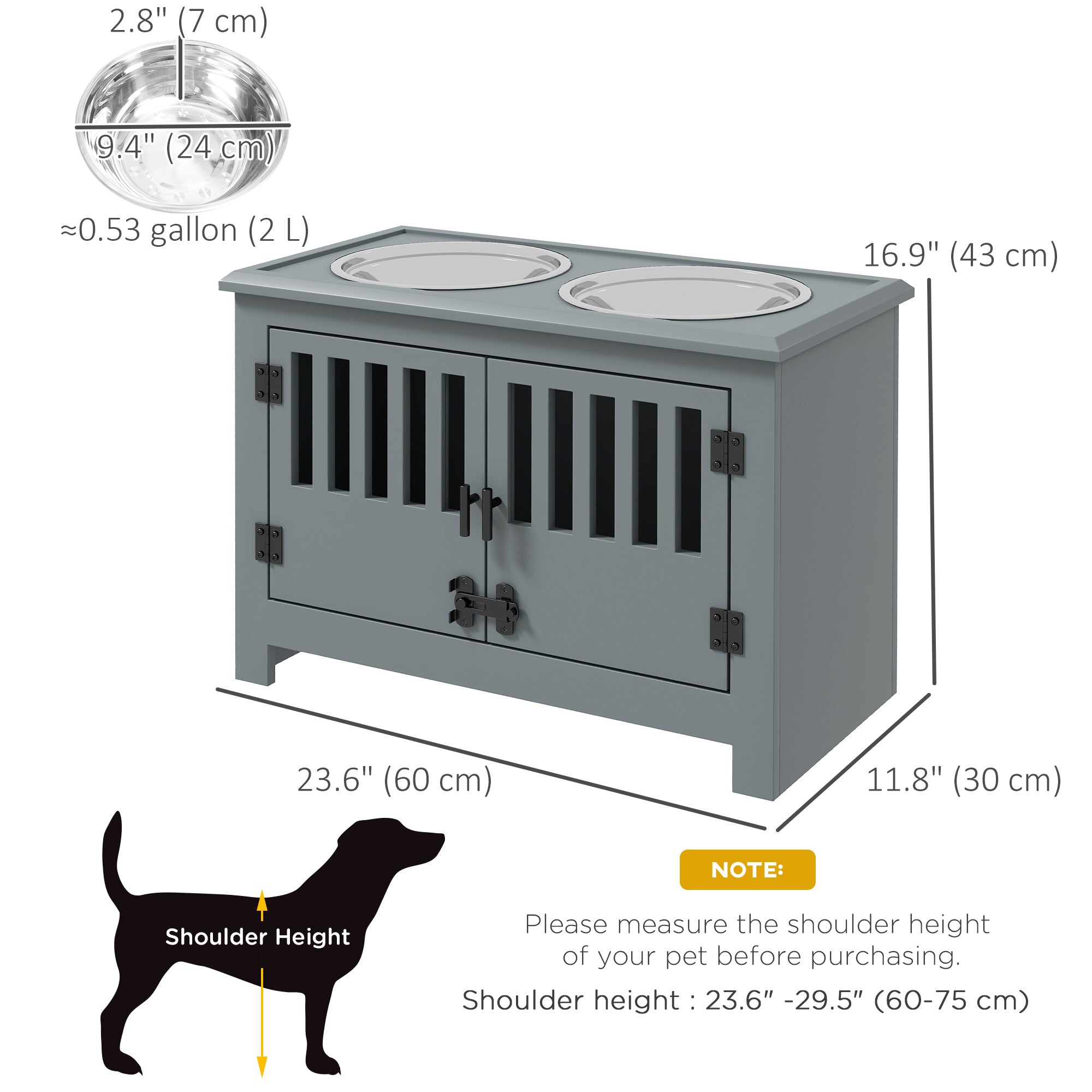 PawHut Raised Dog Bowls, Elevated Dog Feeder with 2 Stainless Bowls, Storage Cabinet, Door, for Extra Large Dogs, Grey