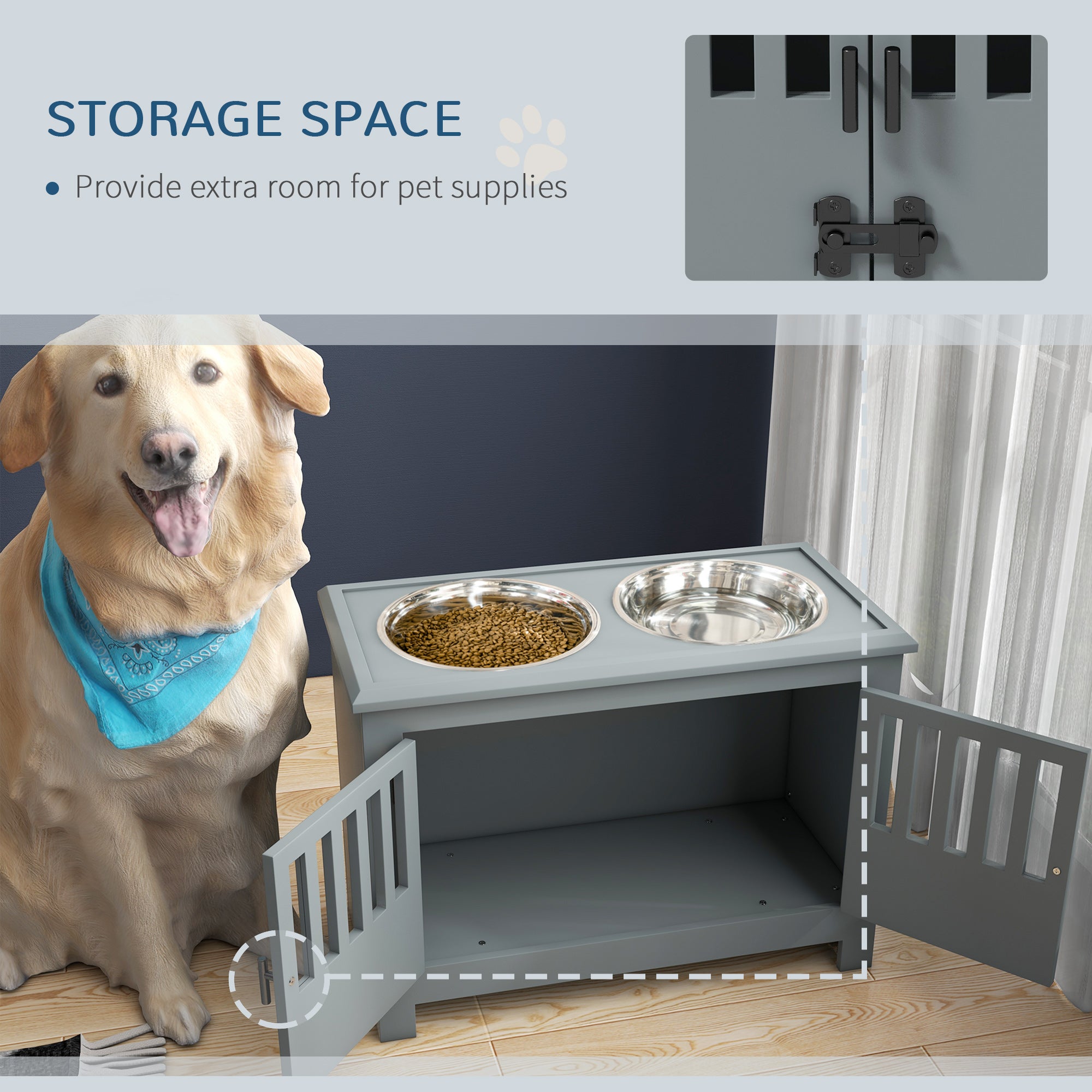 PawHut Raised Dog Bowls, Elevated Dog Feeder with 2 Stainless Bowls, Storage Cabinet, Door, for Extra Large Dogs, Grey