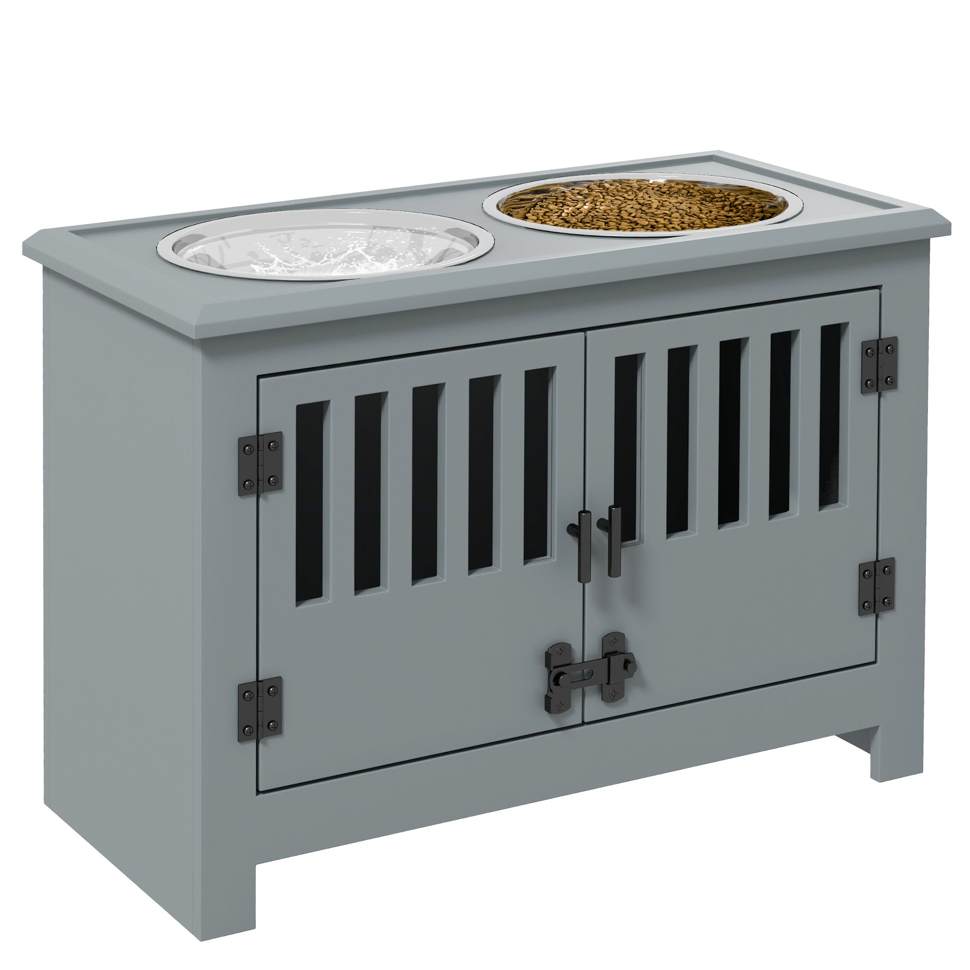 PawHut Raised Dog Bowls, Elevated Dog Feeder with 2 Stainless Bowls, Storage Cabinet, Door, for Extra Large Dogs, Grey