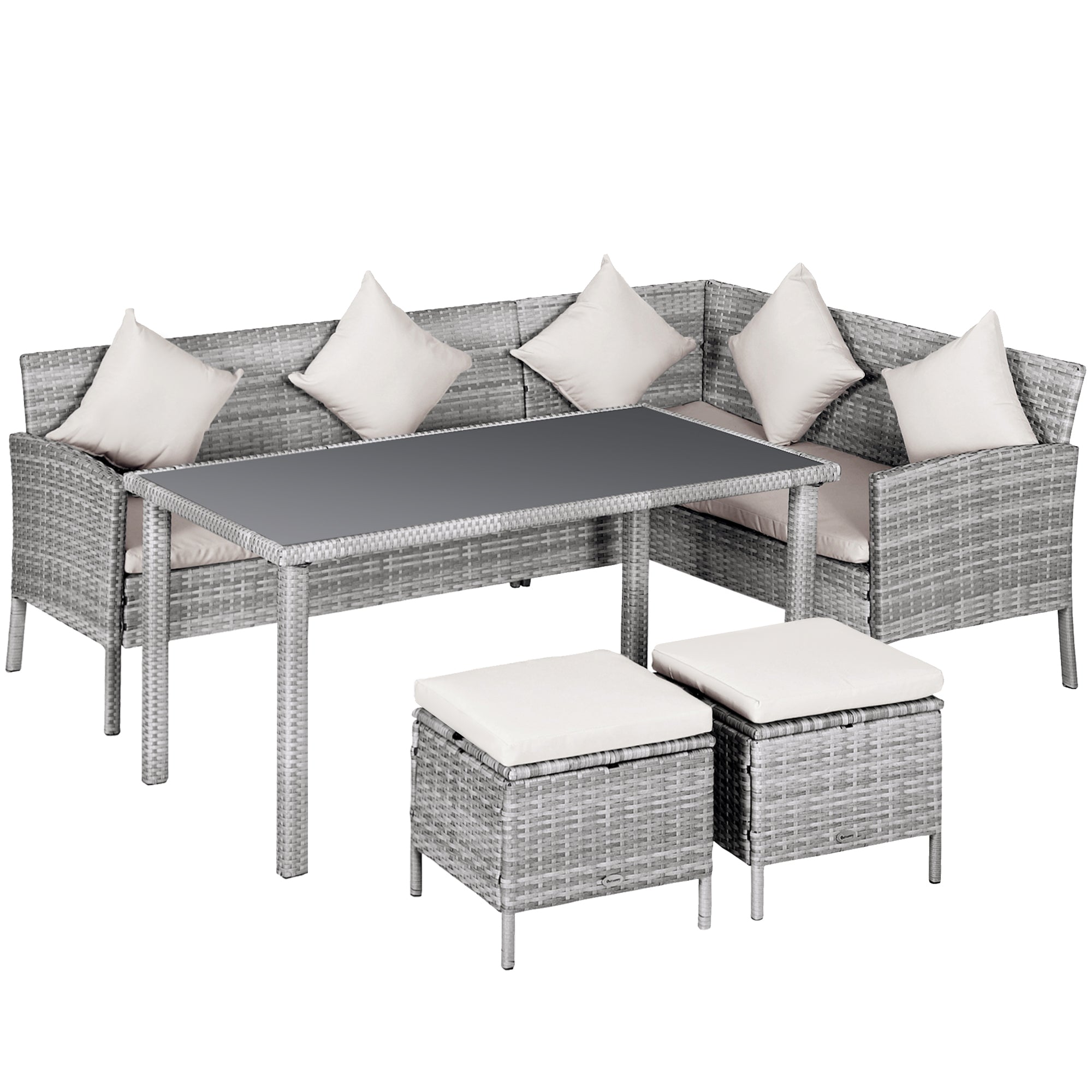Outsunny 5 Pieces Wicker Patio Dining Set with Cushions, PE Rattan Corner Sofa Set Outdoor Conversation Furniture Set with Glass Top Dining Table, 2 Ottomans, Cream White