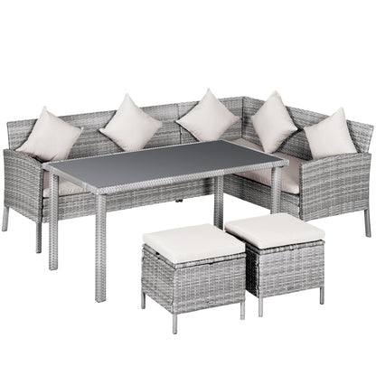 Outsunny 5 Pieces Wicker Patio Dining Set with Cushions, PE Rattan Corner Sofa Set Outdoor Conversation Furniture Set with Glass Top Dining Table, 2 Ottomans, Cream White