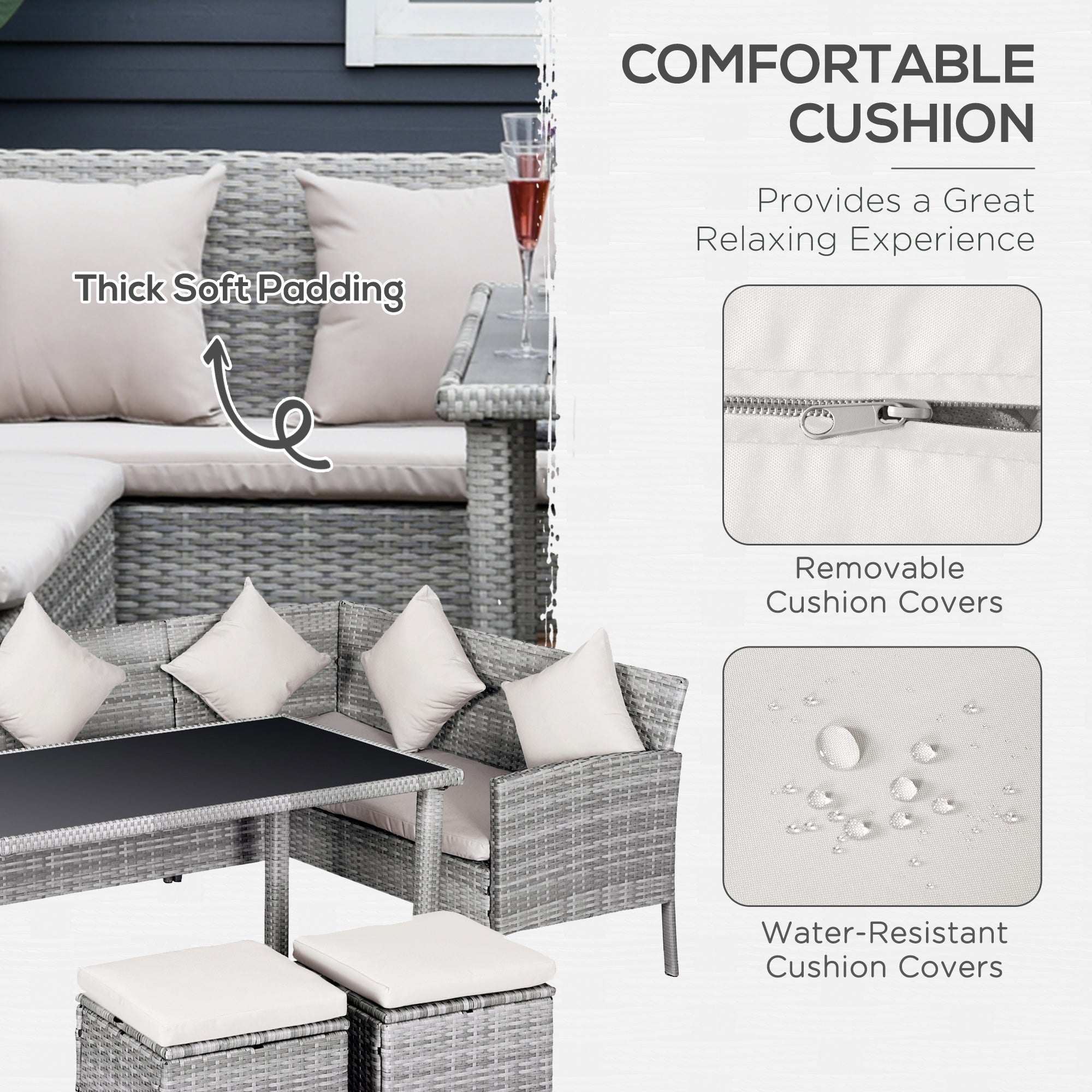 Outsunny 5 Pieces Wicker Patio Dining Set with Cushions, PE Rattan Corner Sofa Set Outdoor Conversation Furniture Set with Glass Top Dining Table, 2 Ottomans, Cream White