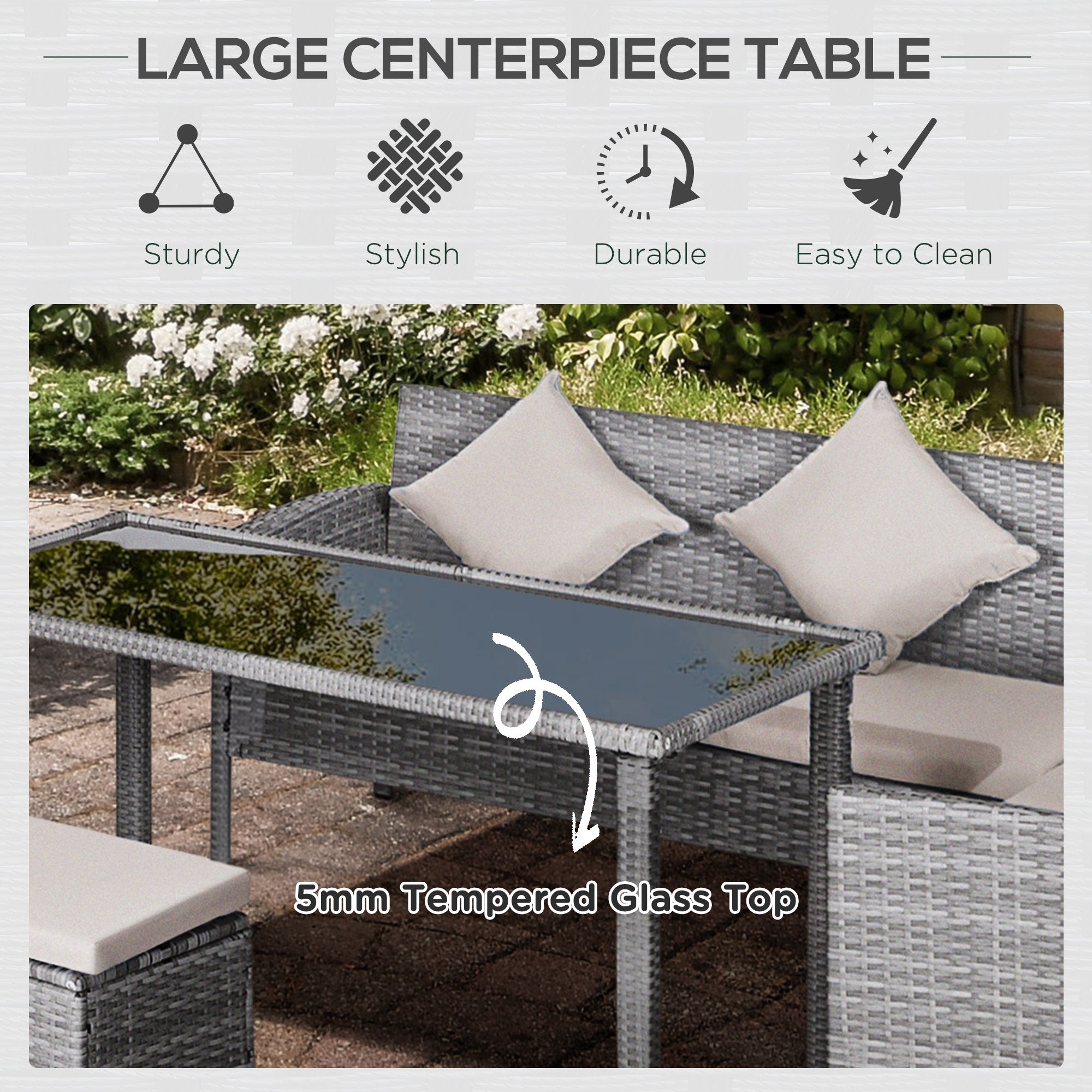 Outsunny 5 Pieces Wicker Patio Dining Set with Cushions, PE Rattan Corner Sofa Set Outdoor Conversation Furniture Set with Glass Top Dining Table, 2 Ottomans, Cream White