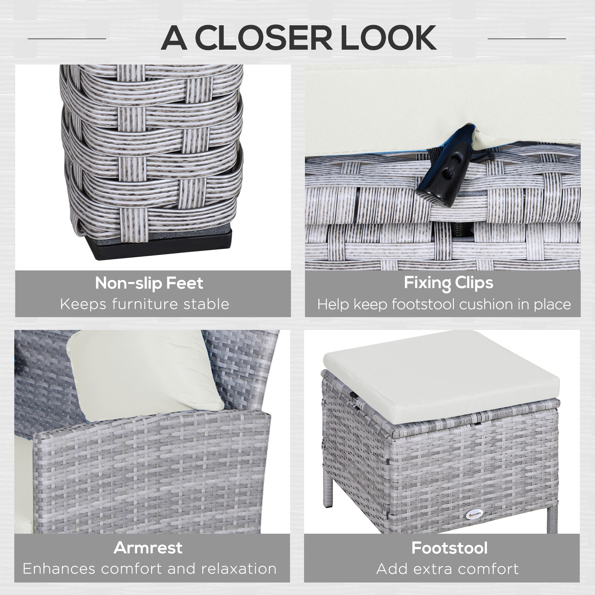 Outsunny 5 Pieces Wicker Patio Dining Set with Cushions, PE Rattan Corner Sofa Set Outdoor Conversation Furniture Set with Glass Top Dining Table, 2 Ottomans, Cream White