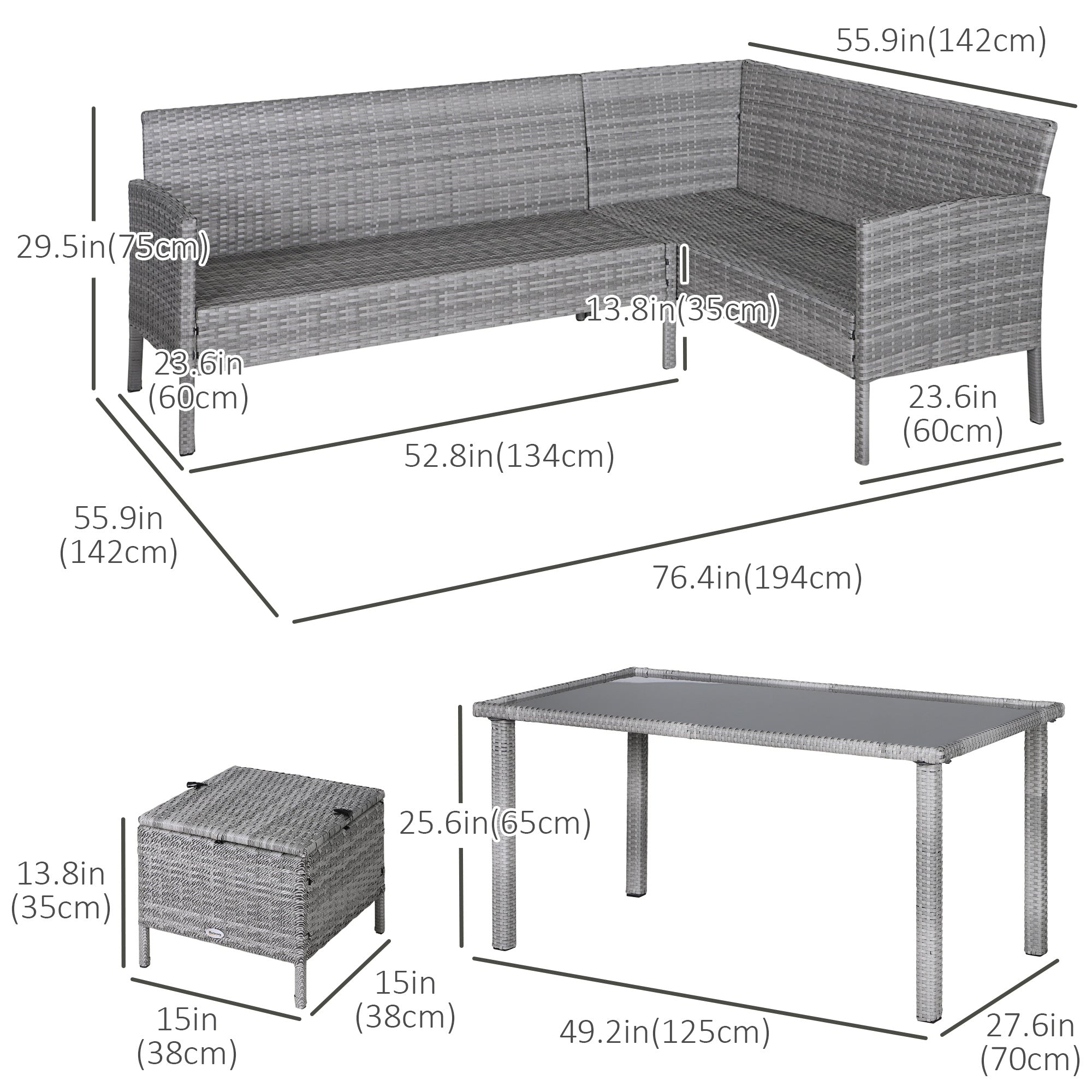Outsunny 5 Pieces Wicker Patio Dining Set with Cushions, PE Rattan Corner Sofa Set Outdoor Conversation Furniture Set with Glass Top Dining Table, 2 Ottomans, Cream White