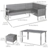 Outsunny 5 Pieces Wicker Patio Dining Set with Cushions, PE Rattan Corner Sofa Set Outdoor Conversation Furniture Set with Glass Top Dining Table, 2 Ottomans, Cream White