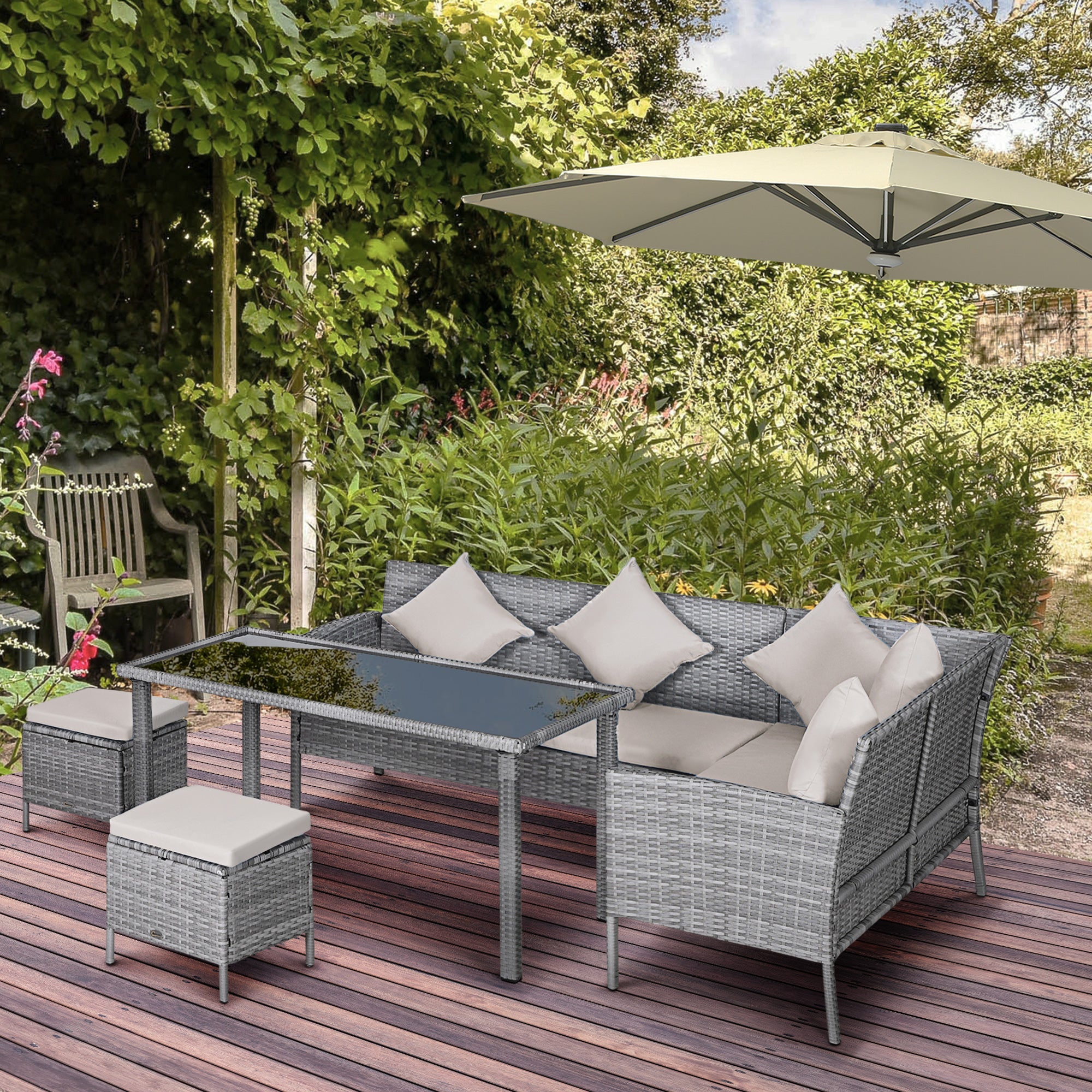 Outsunny 5 Pieces Wicker Patio Dining Set with Cushions, PE Rattan Corner Sofa Set Outdoor Conversation Furniture Set with Glass Top Dining Table, 2 Ottomans, Cream White