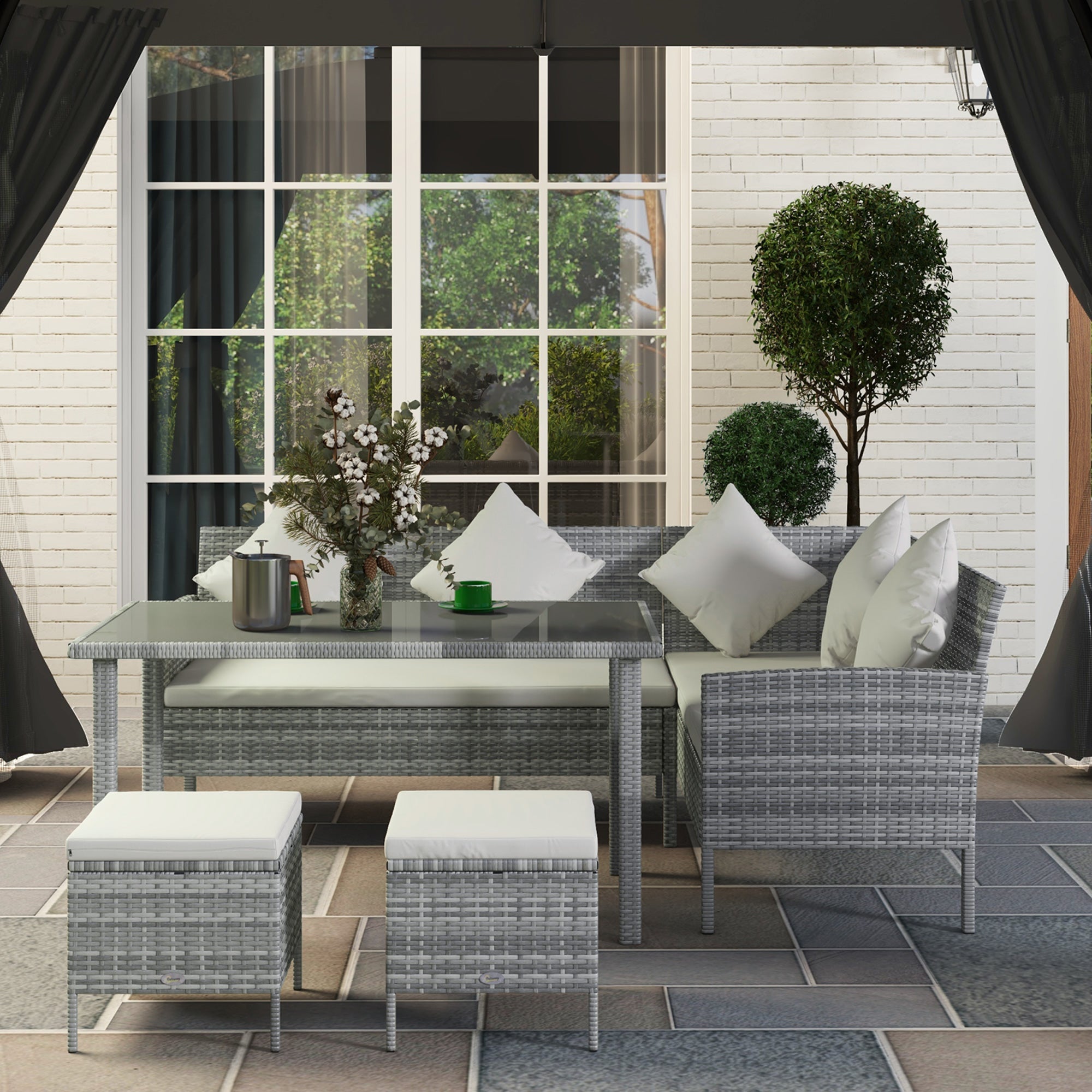 Outsunny 5 Pieces Wicker Patio Dining Set with Cushions, PE Rattan Corner Sofa Set Outdoor Conversation Furniture Set with Glass Top Dining Table, 2 Ottomans, Cream White