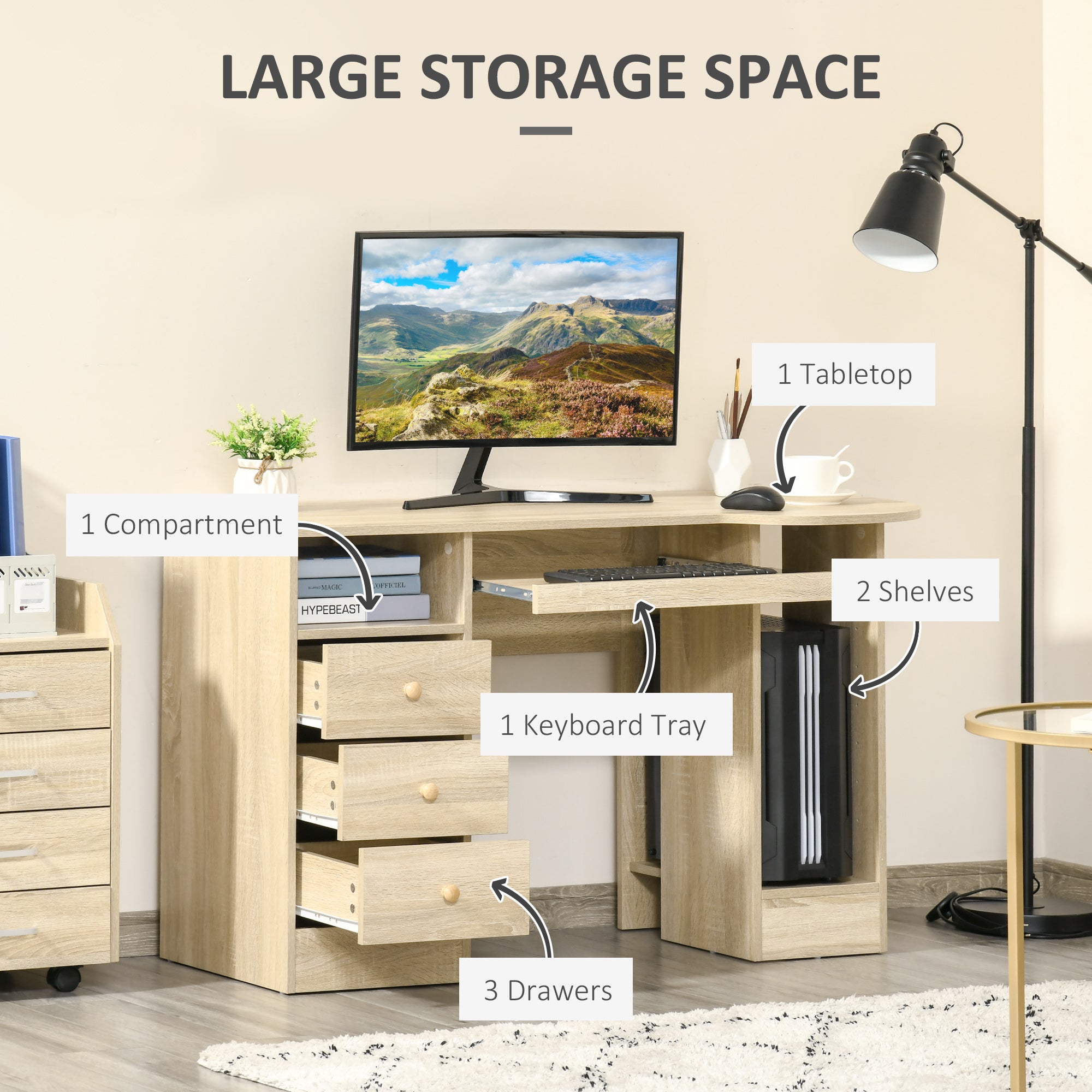 HOMCOM Computer Desk with Storage, Home Office Laptop Table with Shelves and Drawers, Modern Workstation Desk with Keyboard Tray for Study, Living Room, Natural