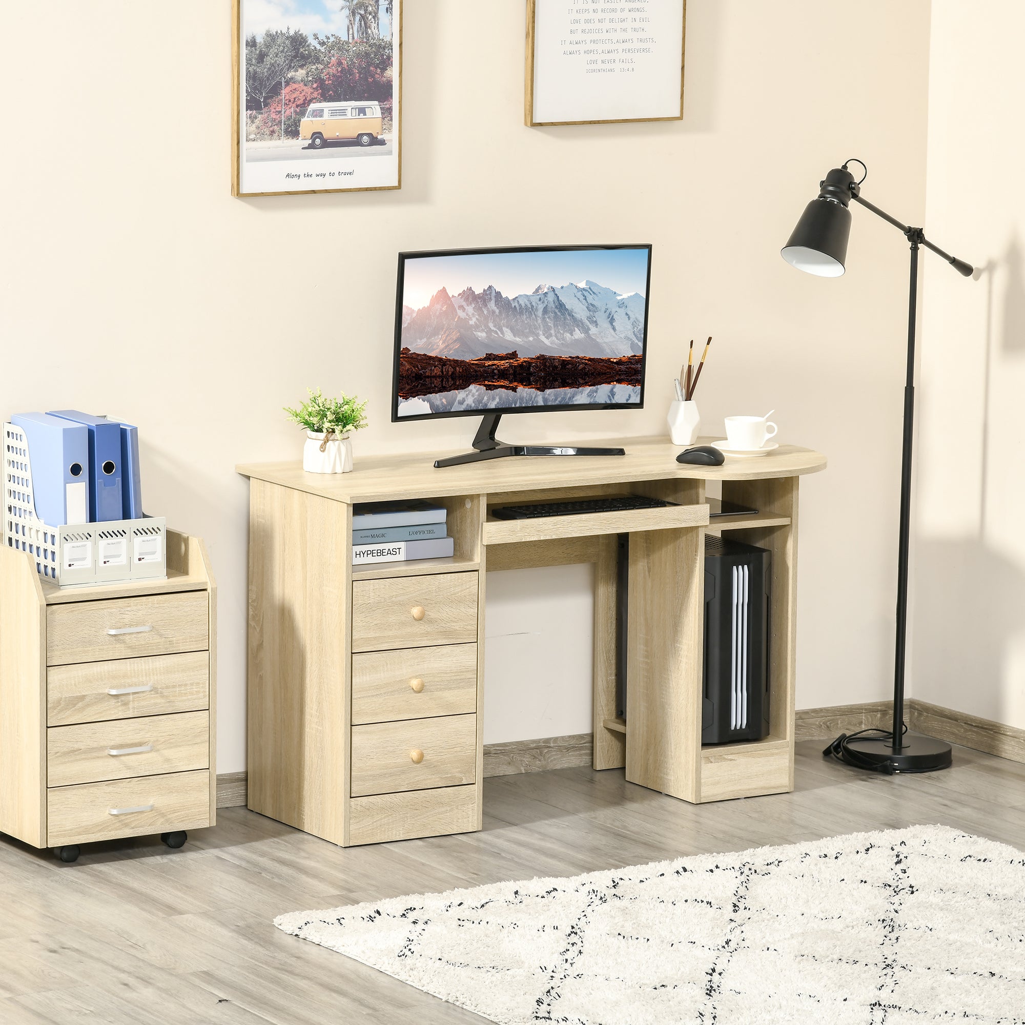 HOMCOM Computer Desk with Storage, Home Office Laptop Table with Shelves and Drawers, Modern Workstation Desk with Keyboard Tray for Study, Living Room, Natural