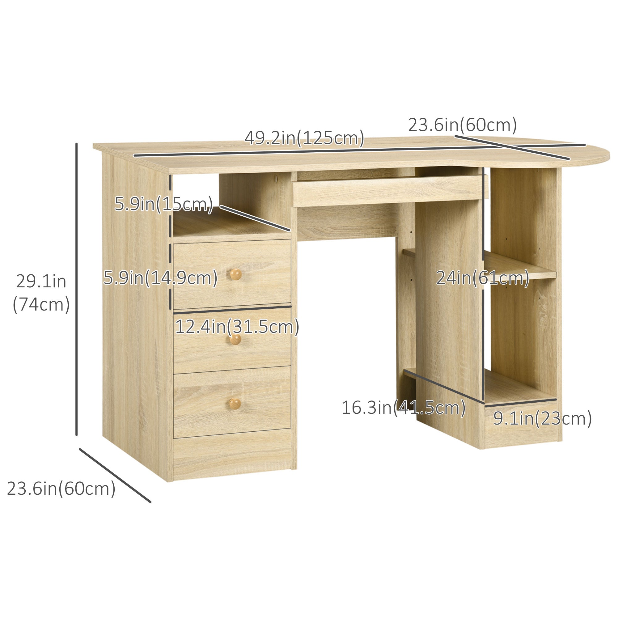HOMCOM Computer Desk with Storage, Home Office Laptop Table with Shelves and Drawers, Modern Workstation Desk with Keyboard Tray for Study, Living Room, Natural