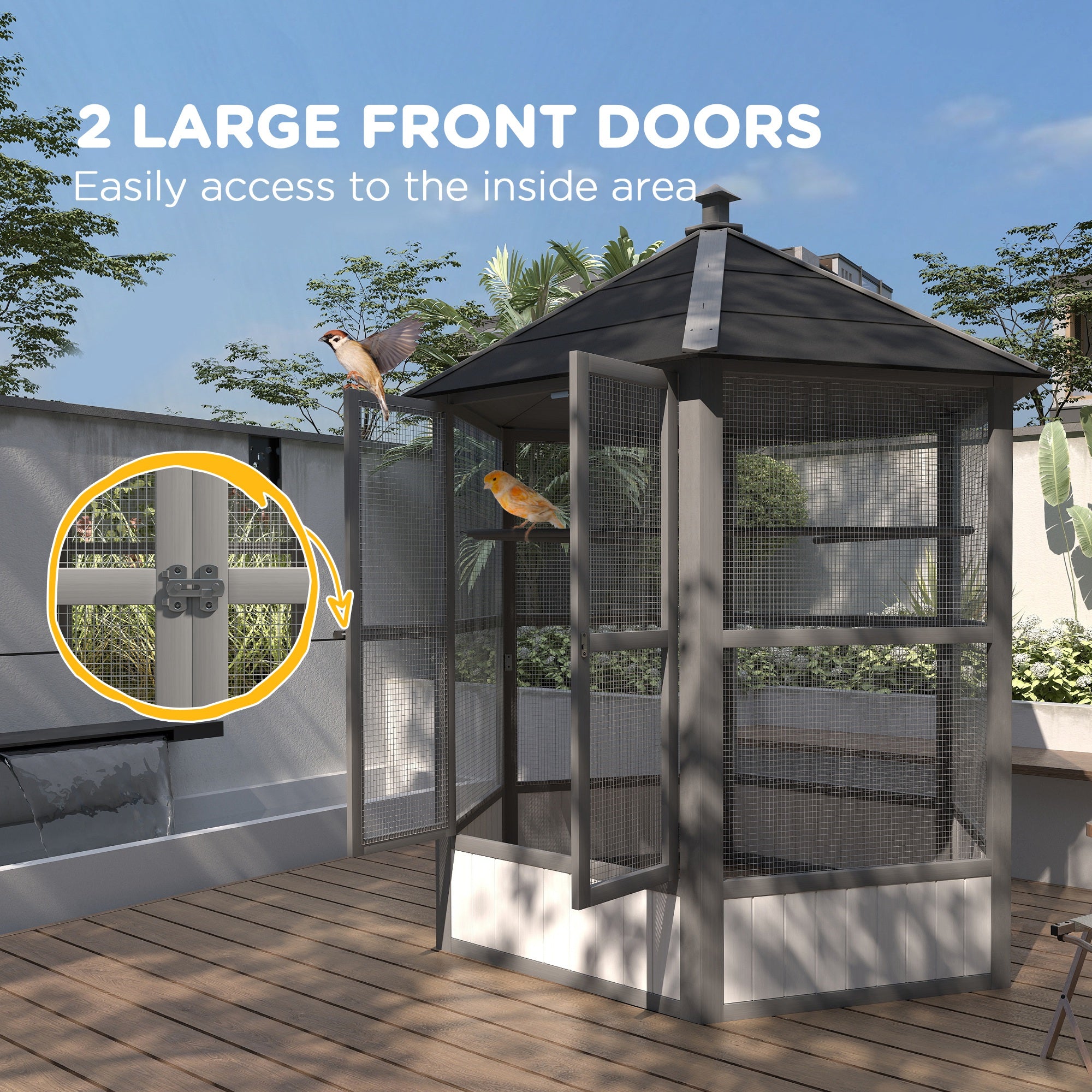 PawHut 69" Large Wooden Hexagonal Outdoor Aviary Flight Bird Cage With Covered Roof, Light Gray