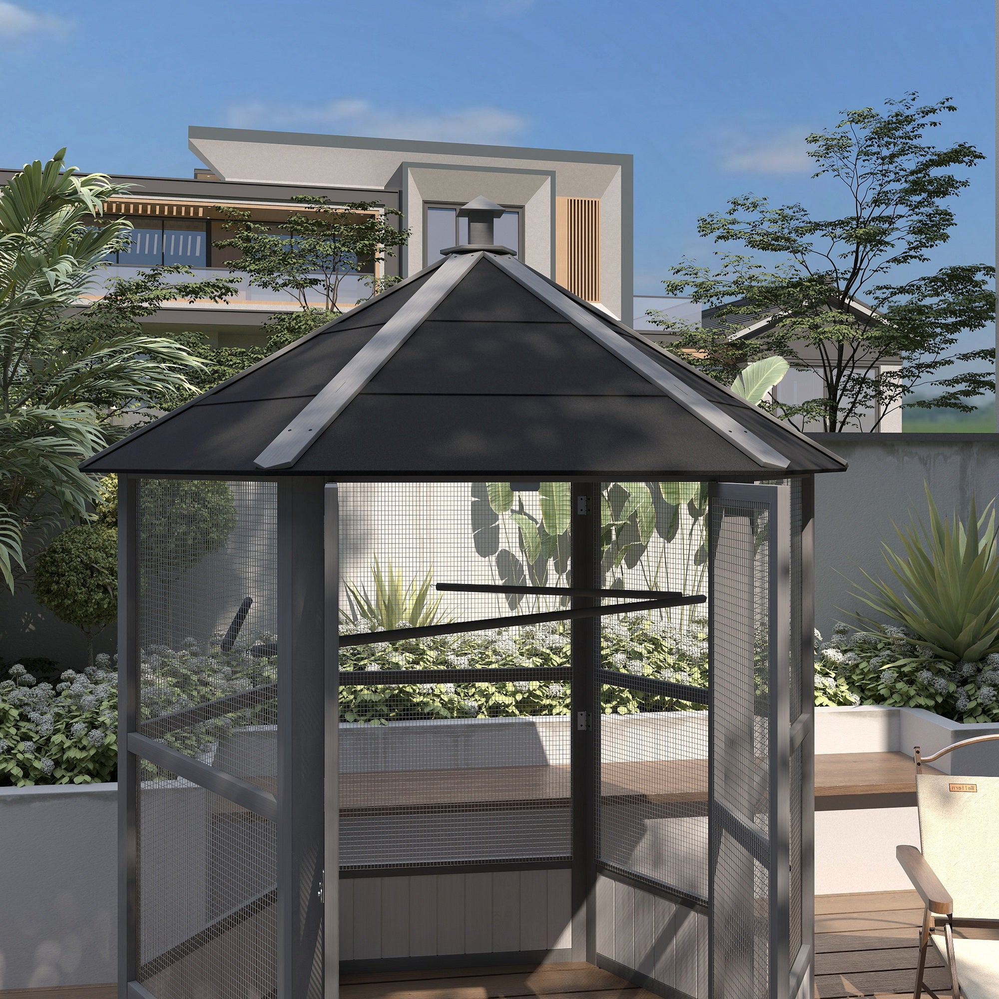 PawHut 69" Large Wooden Hexagonal Outdoor Aviary Flight Bird Cage With Covered Roof, Light Gray
