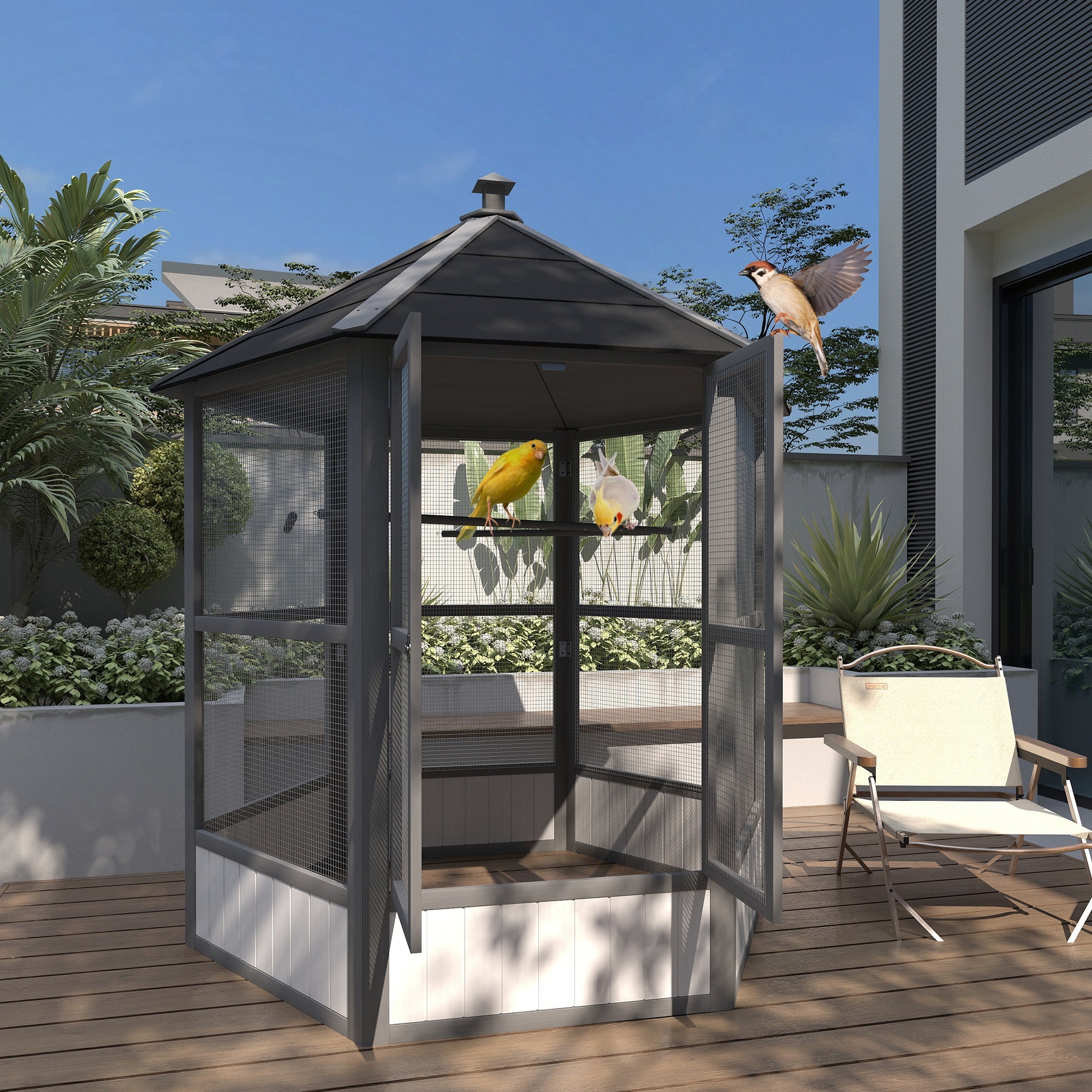 PawHut 69" Large Wooden Hexagonal Outdoor Aviary Flight Bird Cage With Covered Roof, Light Gray