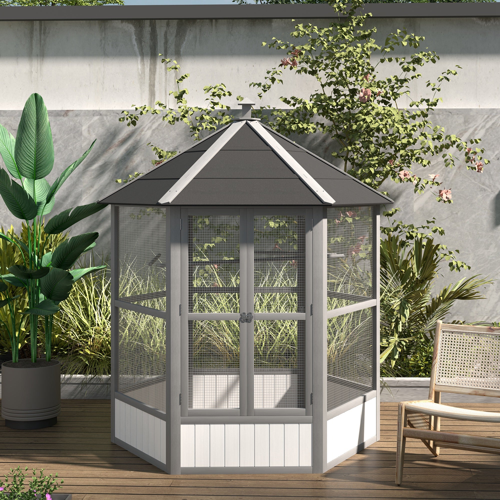 PawHut 69" Large Wooden Hexagonal Outdoor Aviary Flight Bird Cage With Covered Roof, Light Gray