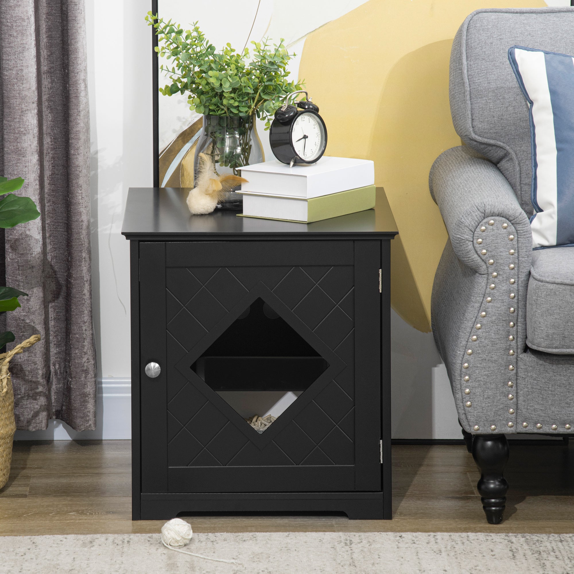 PawHut Cat Litter Box Enclosure End Table, Indoor Cat Washroom with Magnetic Door, Hidden Litter Box Nightstand with Large Tabletop, Easy Assembly, Black
