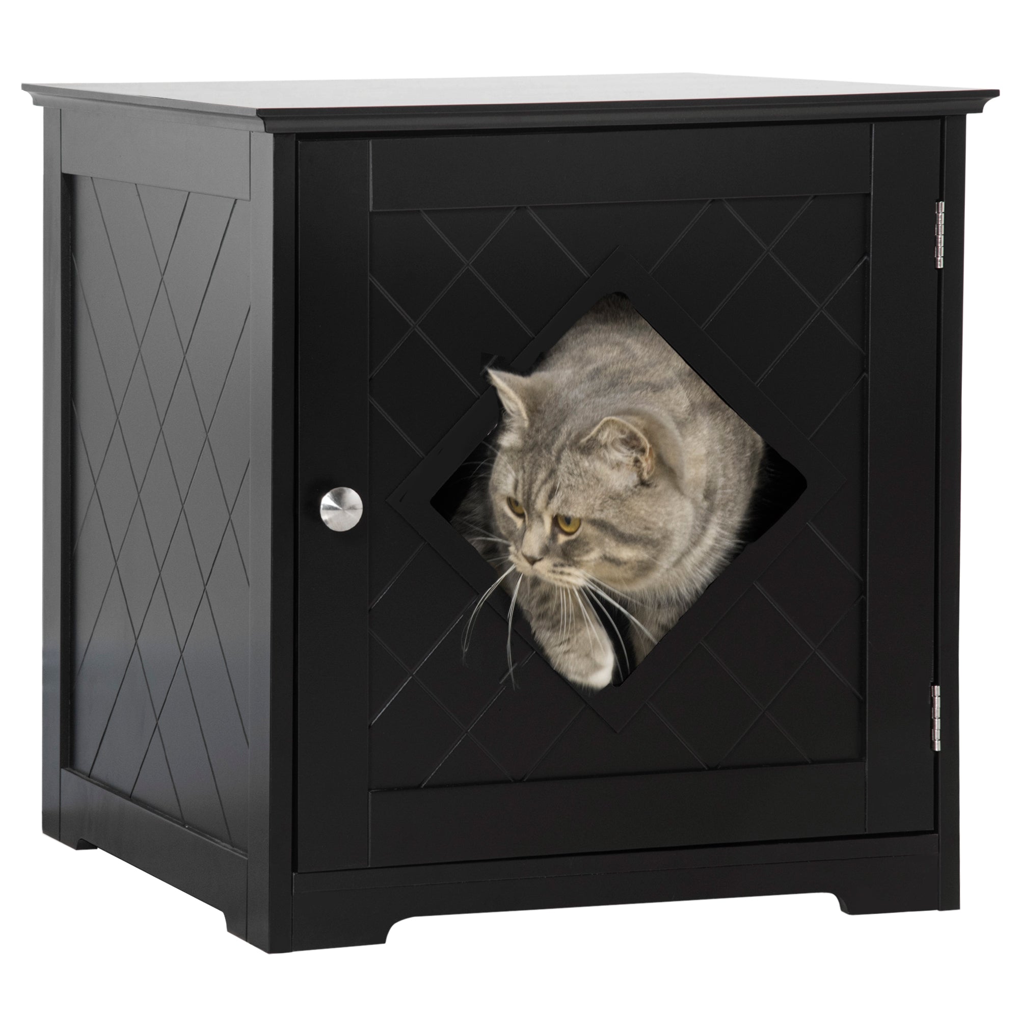 PawHut Cat Litter Box Enclosure End Table, Indoor Cat Washroom with Magnetic Door, Hidden Litter Box Nightstand with Large Tabletop, Easy Assembly, Black