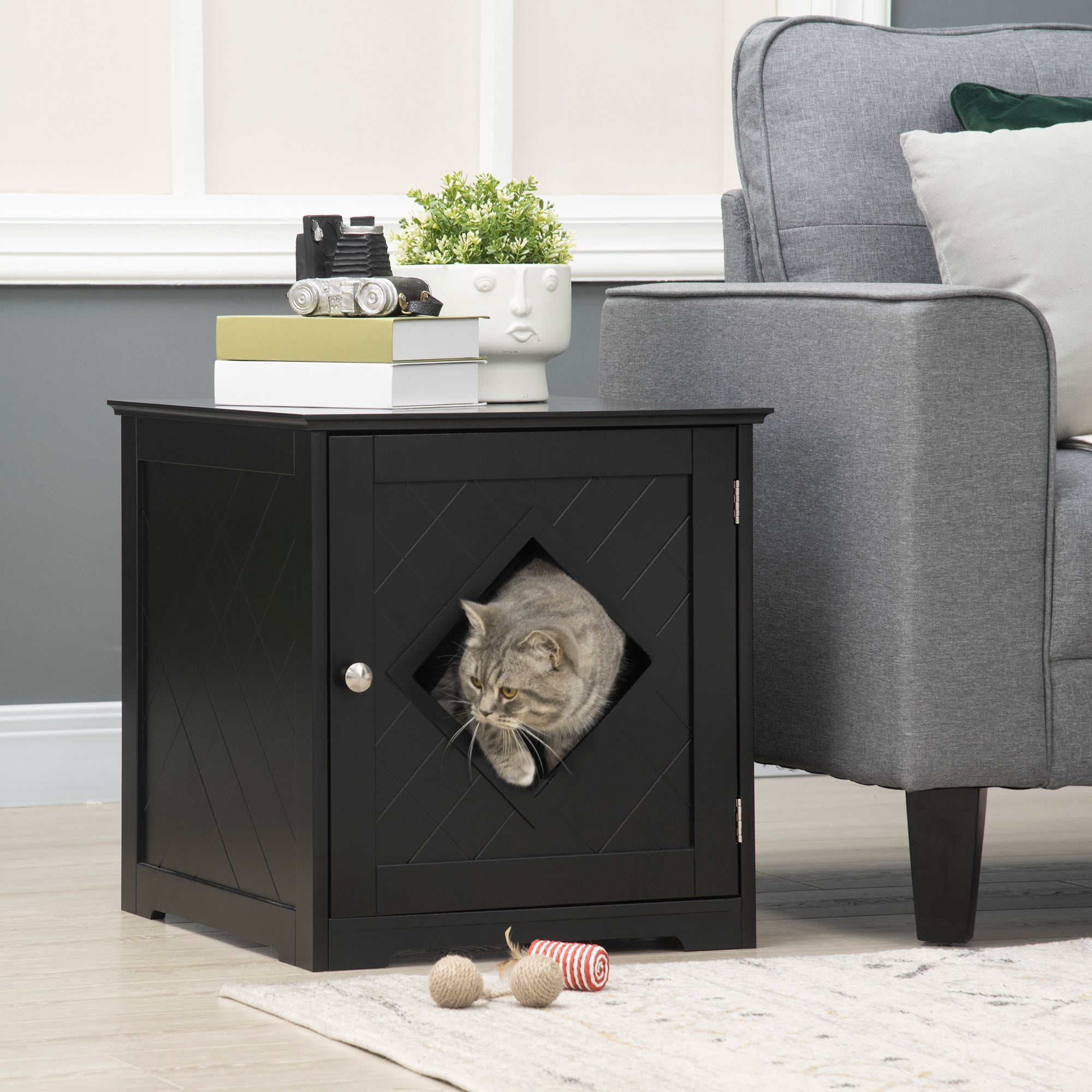 PawHut Cat Litter Box Enclosure End Table, Indoor Cat Washroom with Magnetic Door, Hidden Litter Box Nightstand with Large Tabletop, Easy Assembly, Black