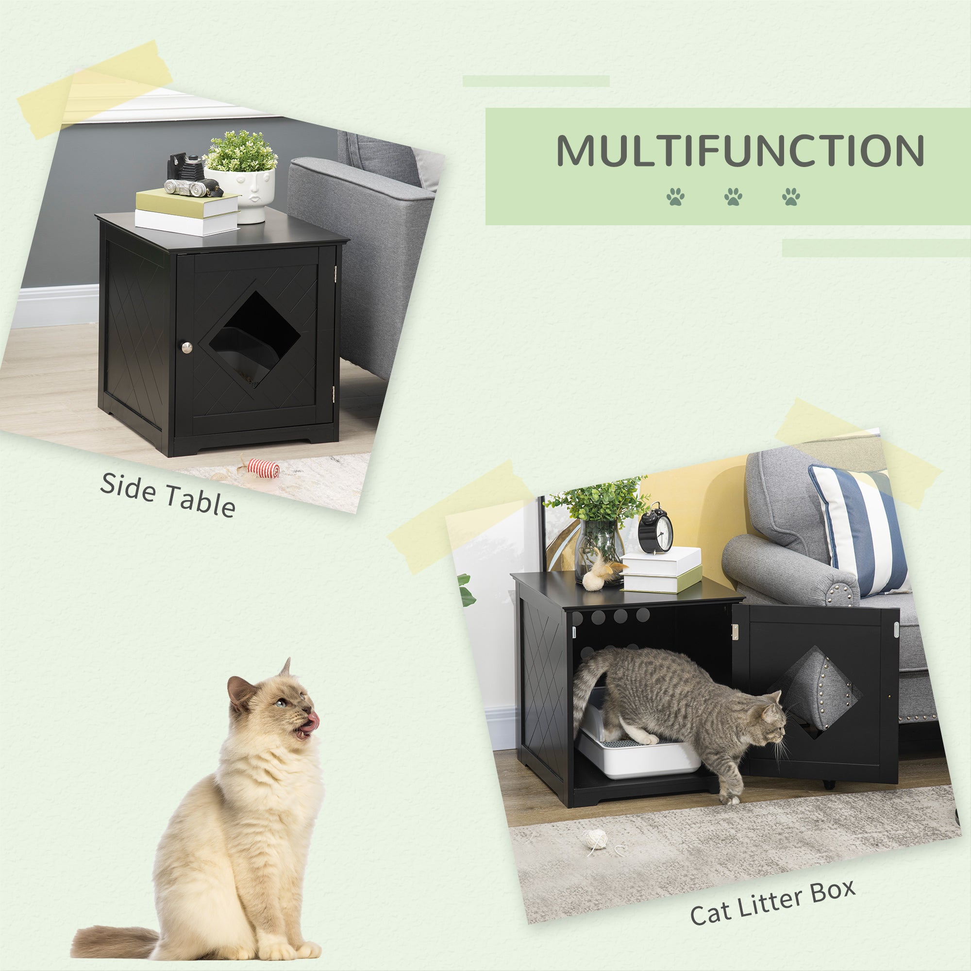 PawHut Cat Litter Box Enclosure End Table, Indoor Cat Washroom with Magnetic Door, Hidden Litter Box Nightstand with Large Tabletop, Easy Assembly, Black