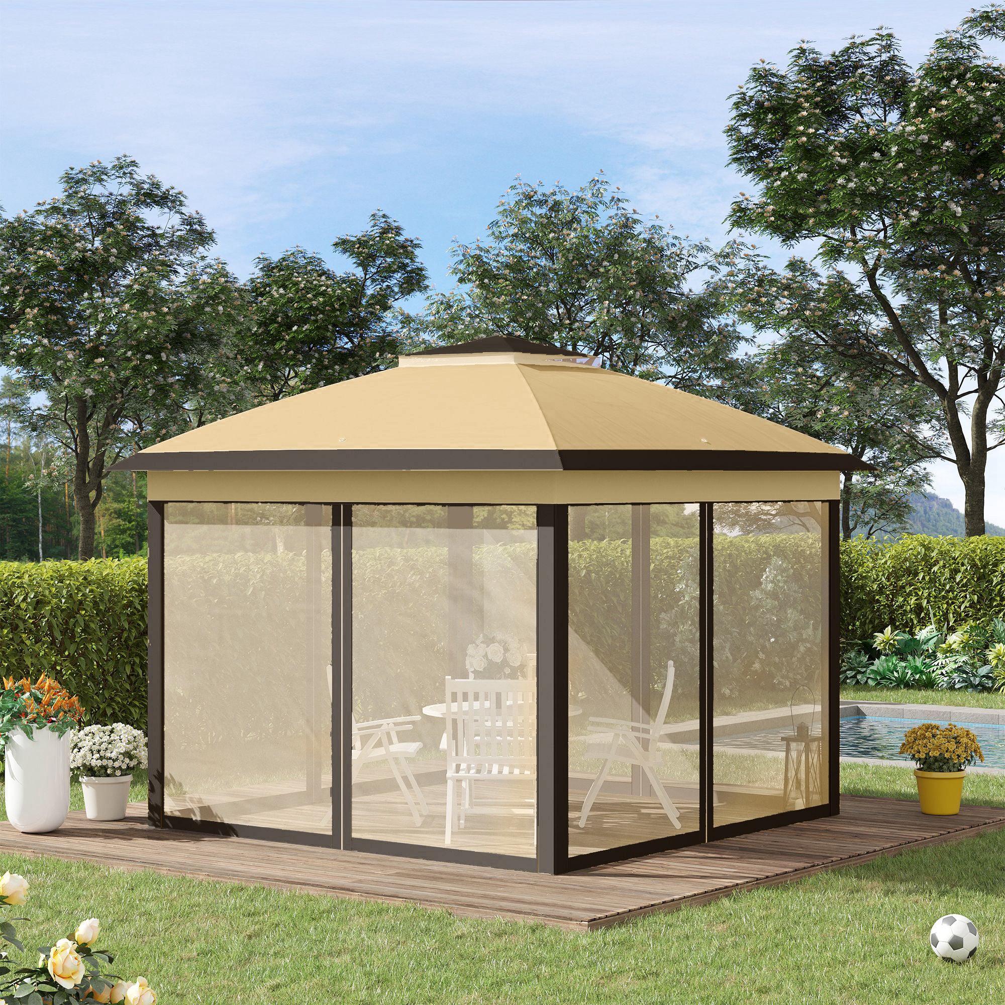 Outsunny 11' x 11' Pop Up Canopy, Double Roof Foldable Canopy Tent with Zipper Mesh Sidewalls, Height Adjustable and Carrying Bag, Event Tent for Patio Garden Backyard, Beige