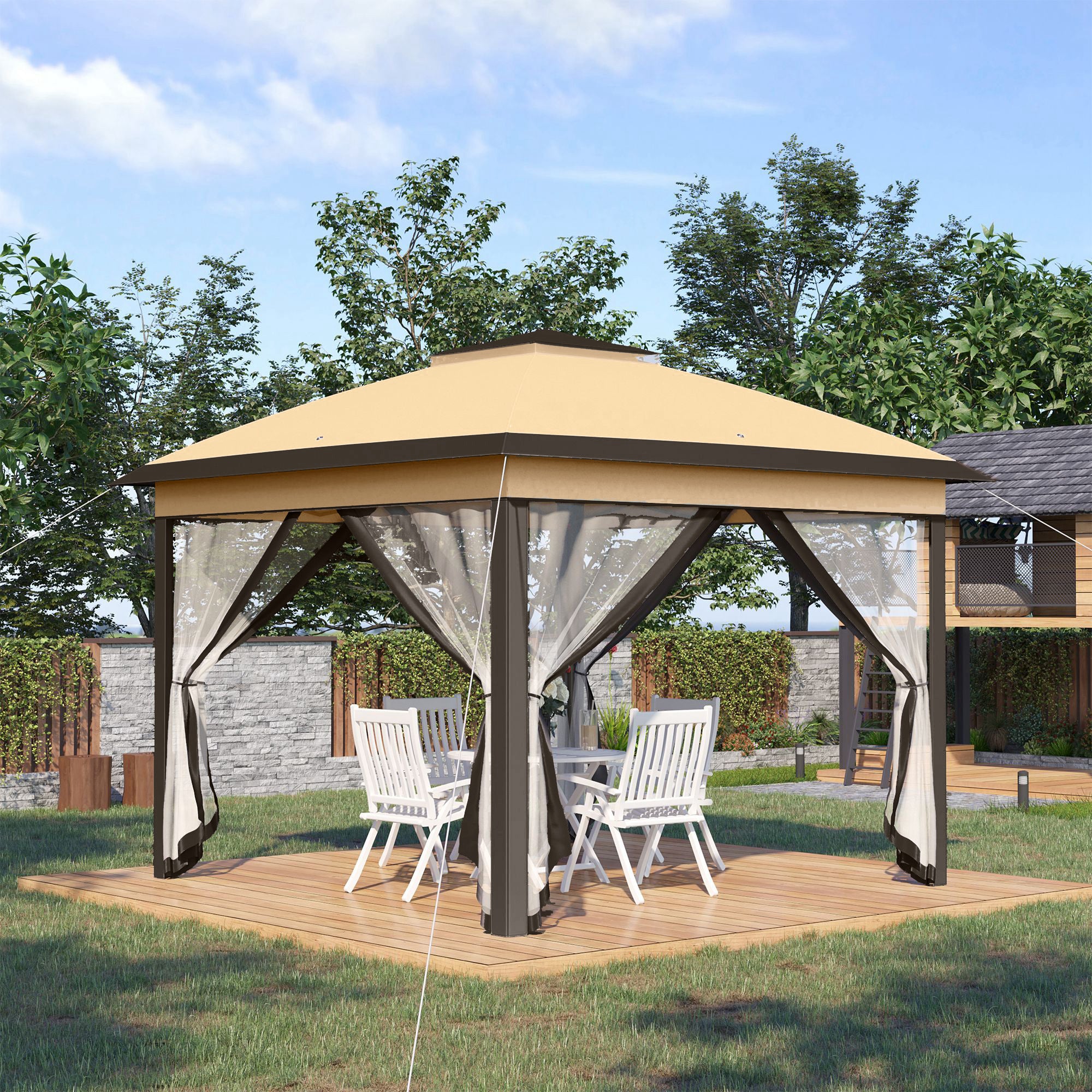 Outsunny 11' x 11' Pop Up Canopy, Double Roof Foldable Canopy Tent with Zipper Mesh Sidewalls, Height Adjustable and Carrying Bag, Event Tent for Patio Garden Backyard, Beige